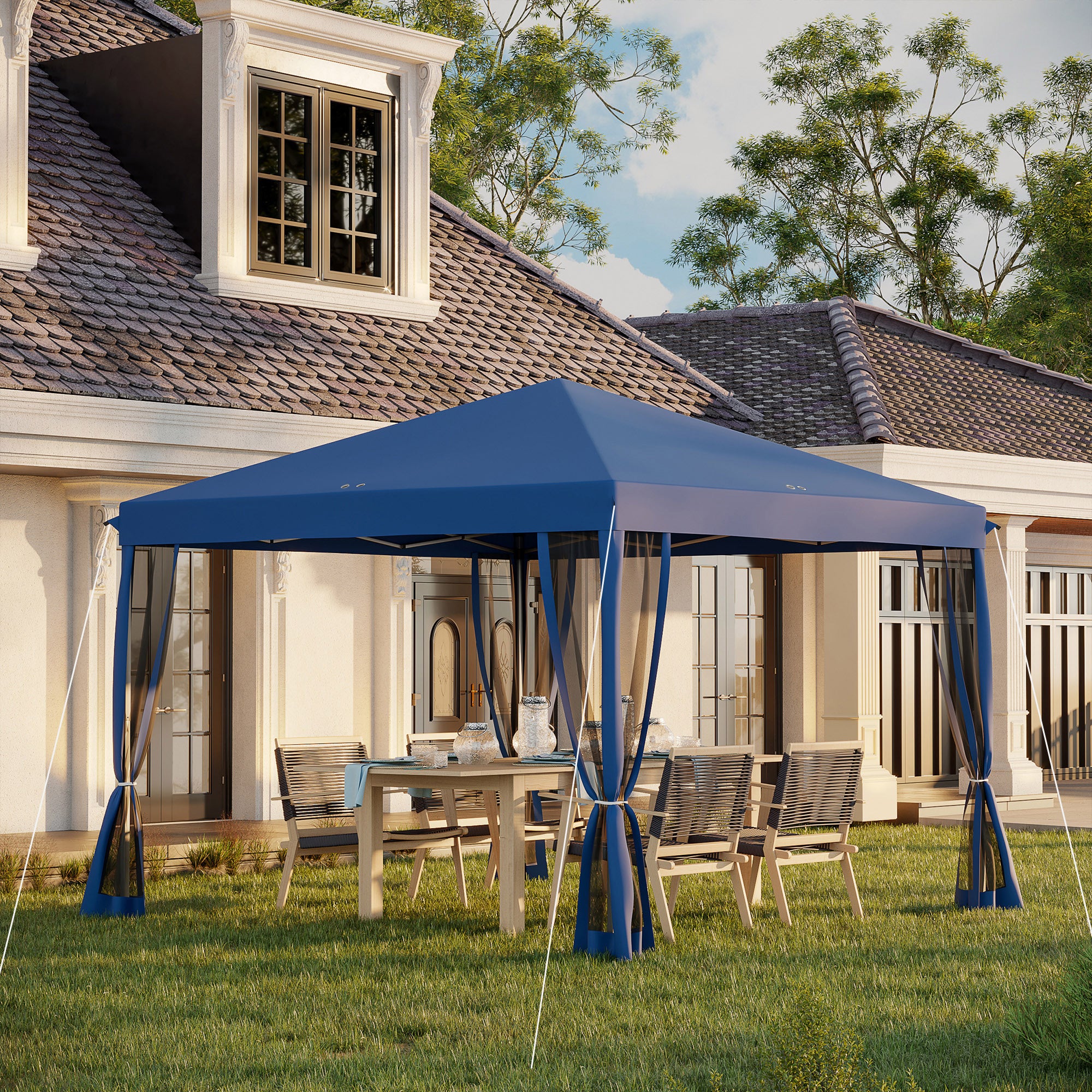 Outsunny 10' x 10' Pop Up Canopy Tent Gazebo with Removable Mesh Sidewall Netting, Carry Bag for Backyard Patio Outdoor, Blue