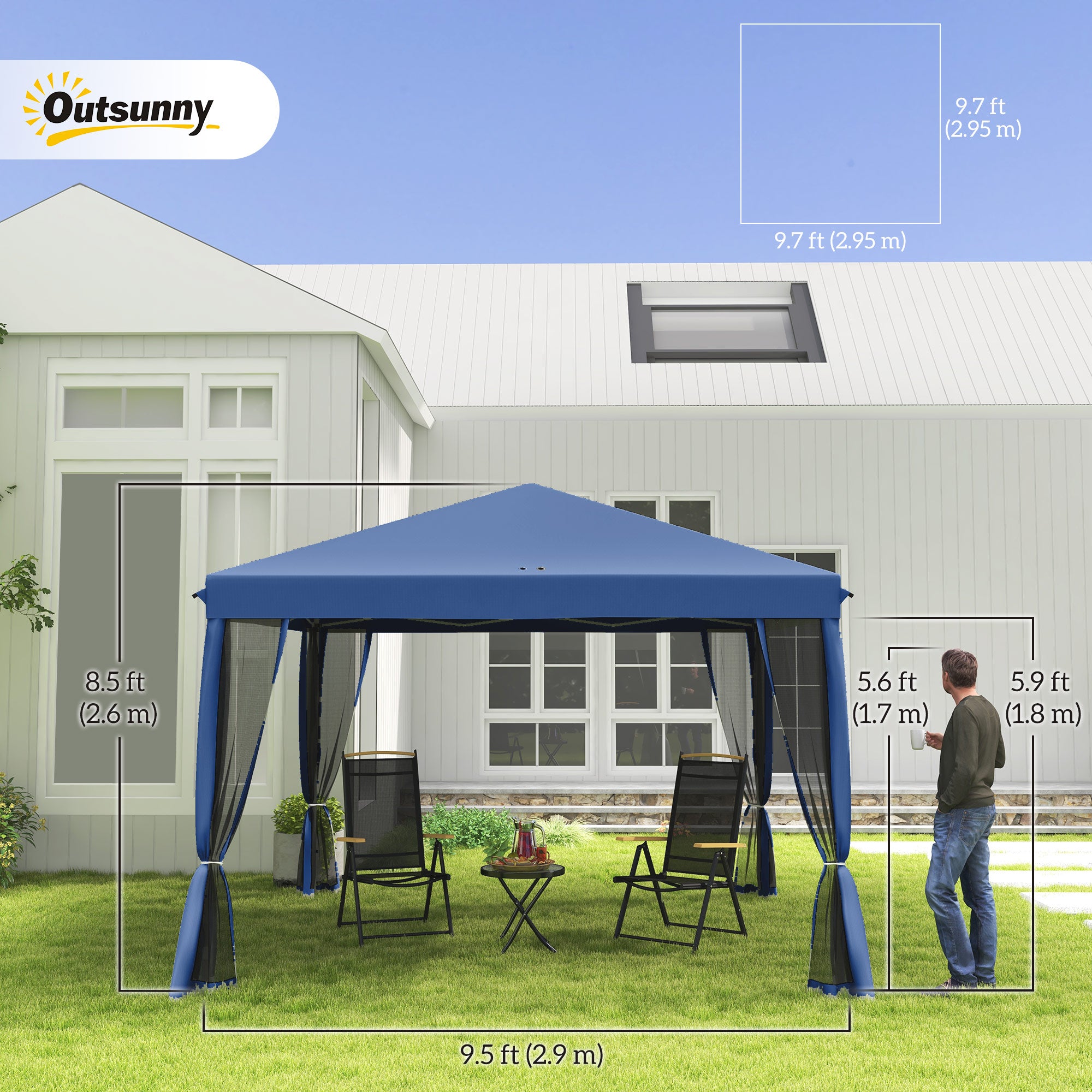 Outsunny 10' x 10' Pop Up Canopy Tent Gazebo with Removable Mesh Sidewall Netting, Carry Bag for Backyard Patio Outdoor, Blue