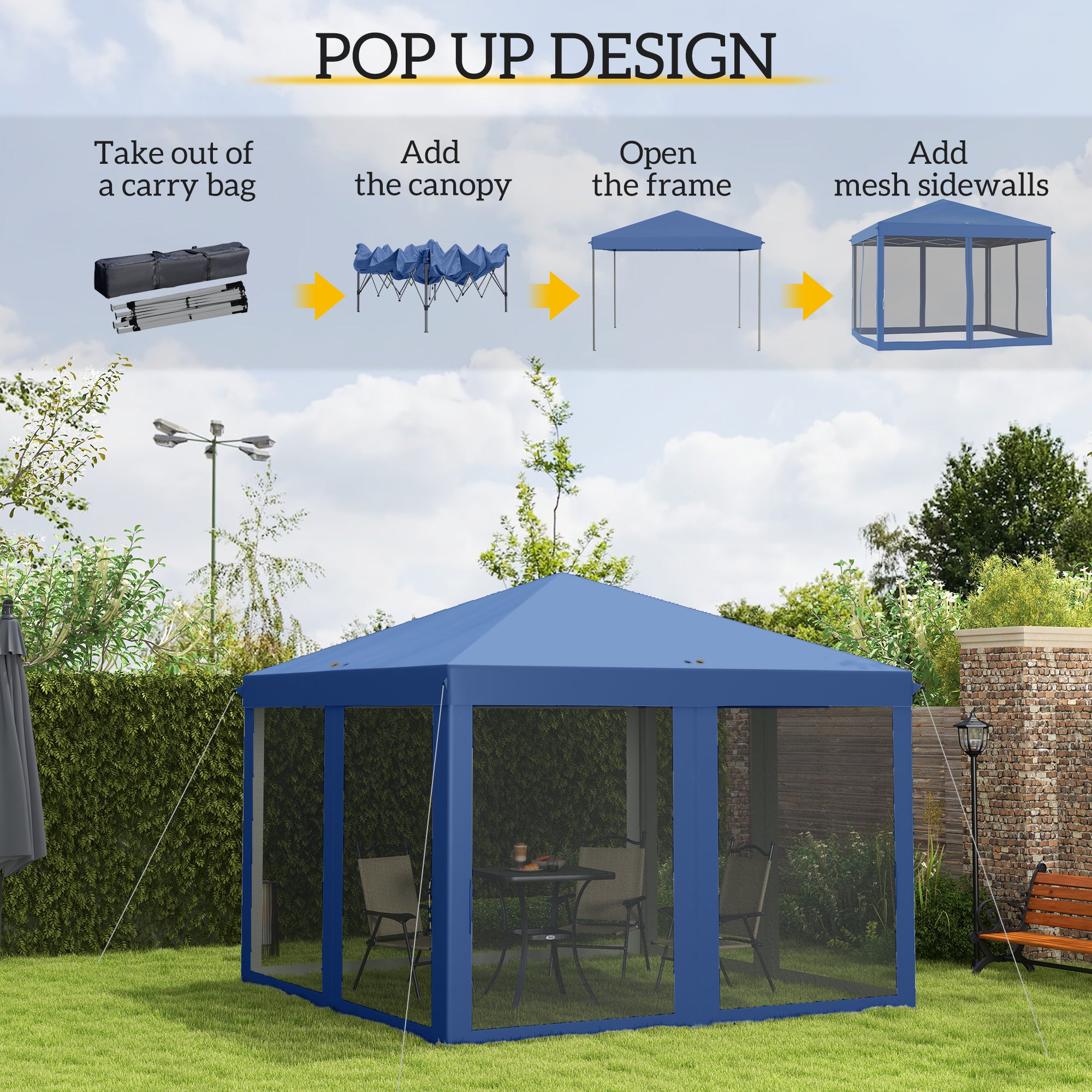 Outsunny 10' x 10' Pop Up Canopy Tent Gazebo with Removable Mesh Sidewall Netting, Carry Bag for Backyard Patio Outdoor, Blue
