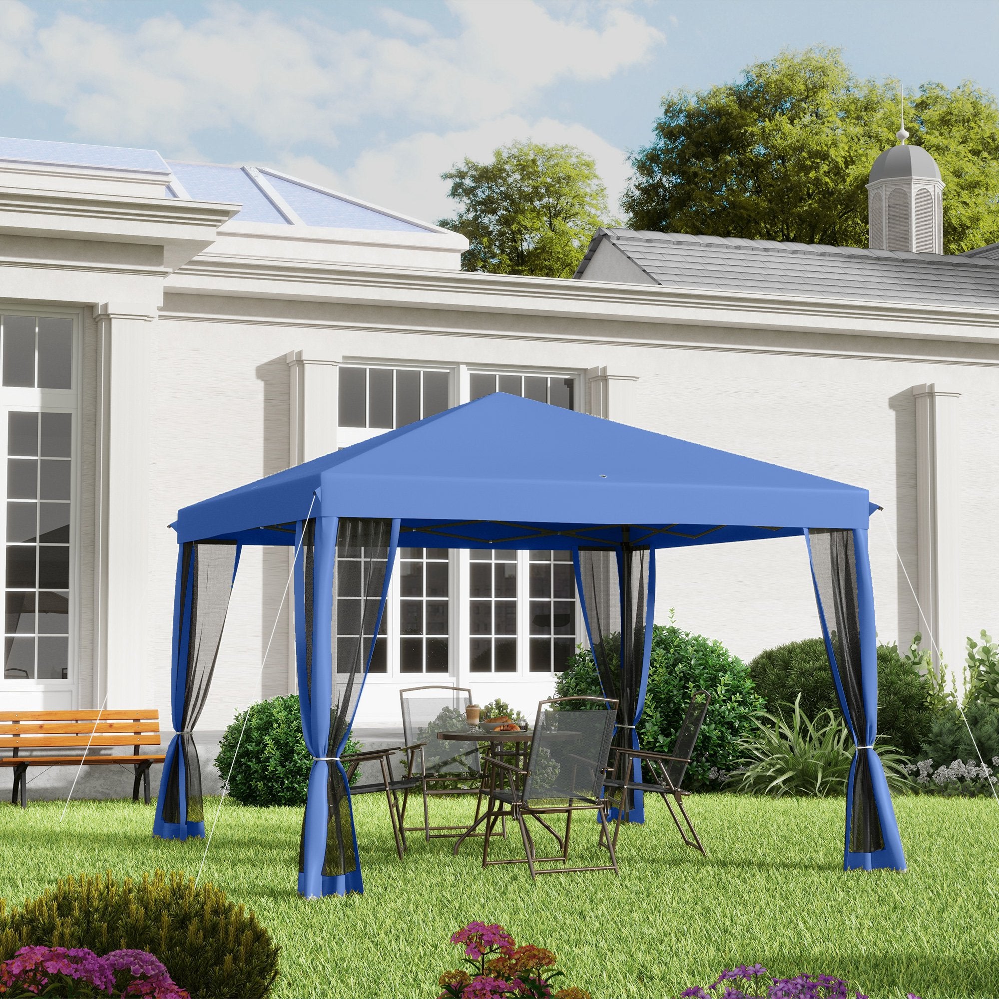 Outsunny 10' x 10' Pop Up Canopy Tent Gazebo with Removable Mesh Sidewall Netting, Carry Bag for Backyard Patio Outdoor, Blue