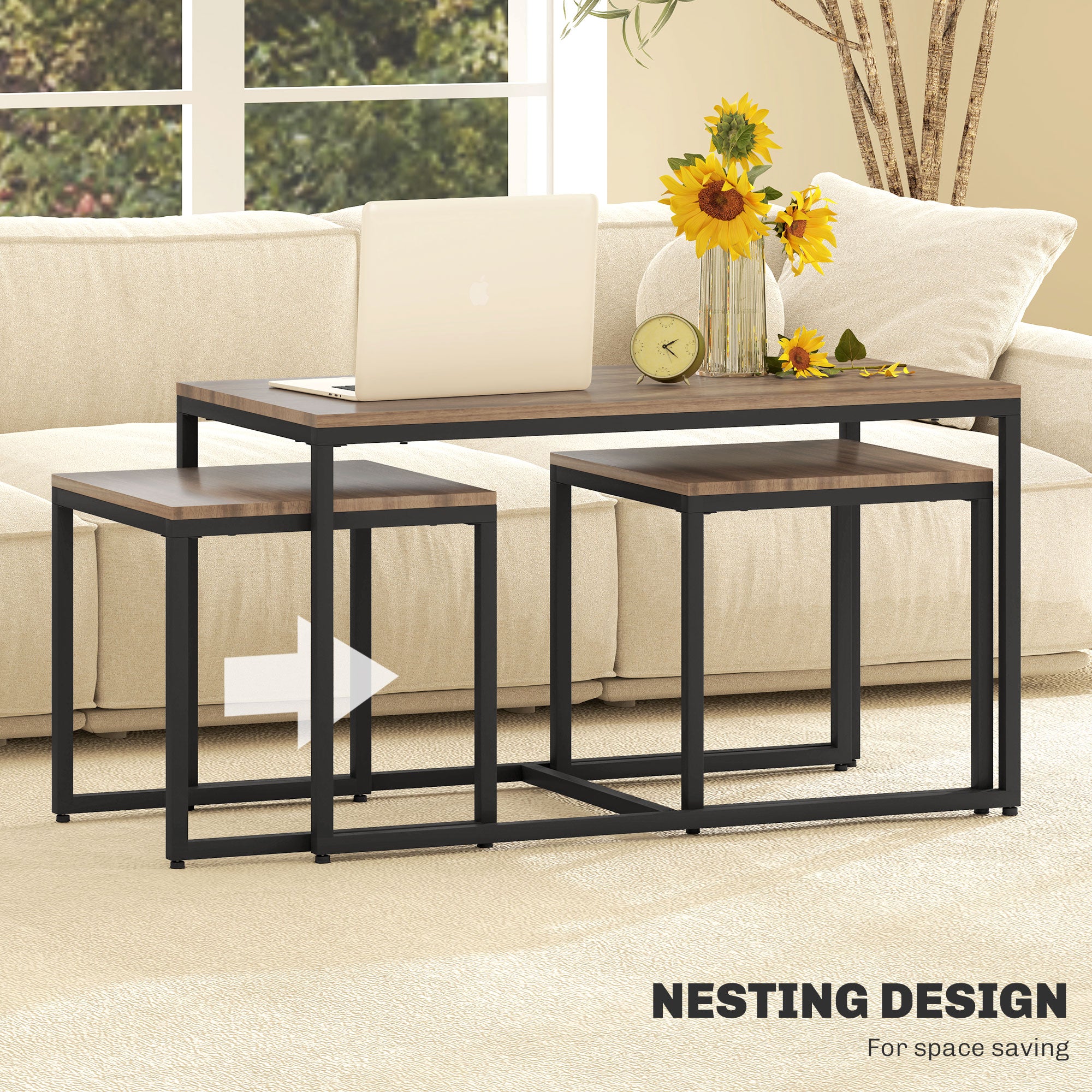 HOMCOM Nesting Coffee Table Set of 3, Modern End Tables with Black Metal Frame for Living Room Home Furniture, Brown Wood Grain