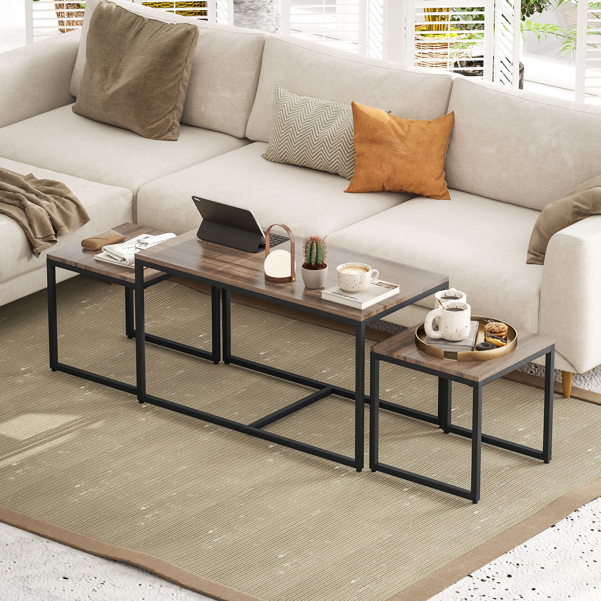 HOMCOM Nesting Coffee Table Set of 3, Modern End Tables with Black Metal Frame for Living Room Home Furniture, Brown Wood Grain