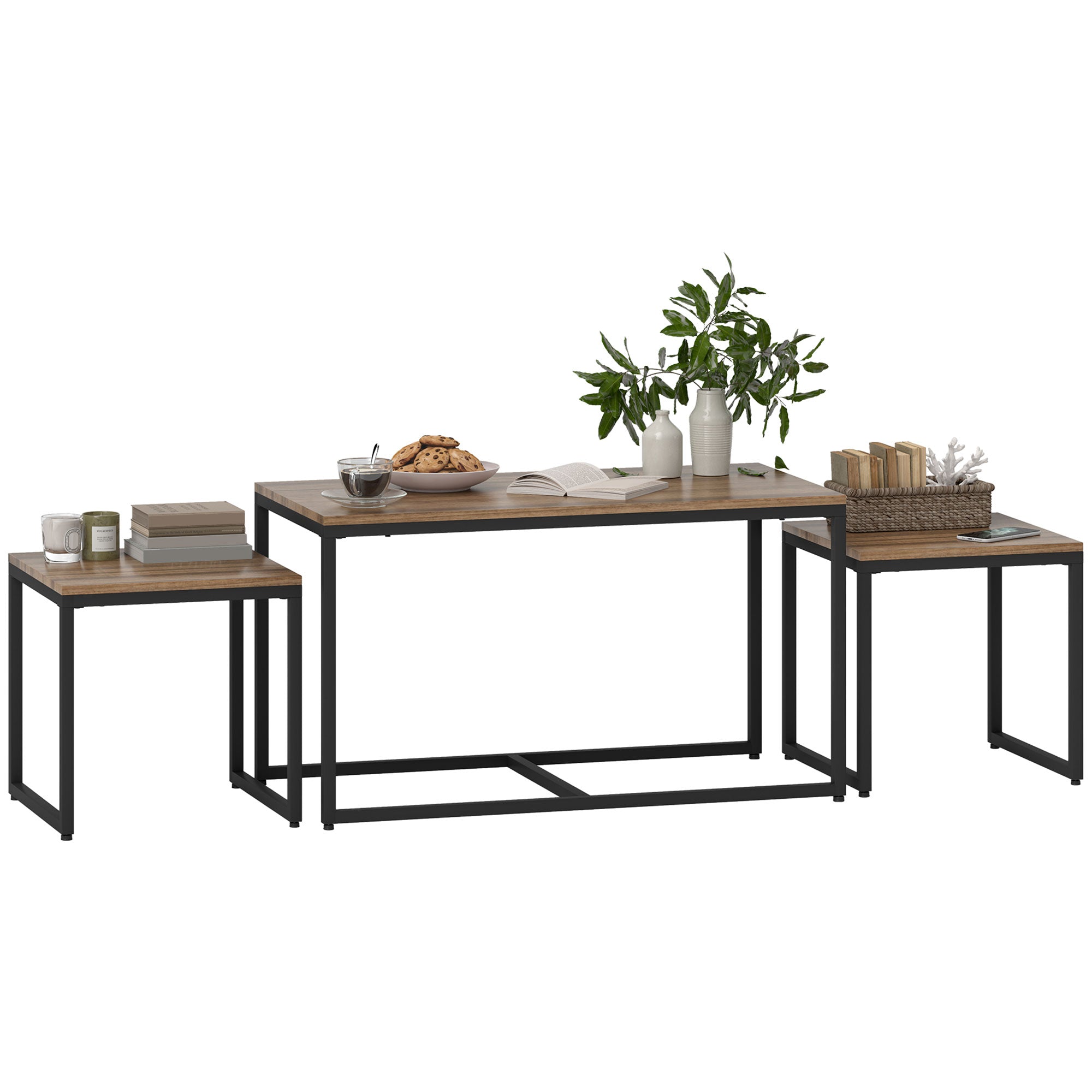 HOMCOM Nesting Coffee Table Set of 3, Modern End Tables with Black Metal Frame for Living Room Home Furniture, Brown Wood Grain