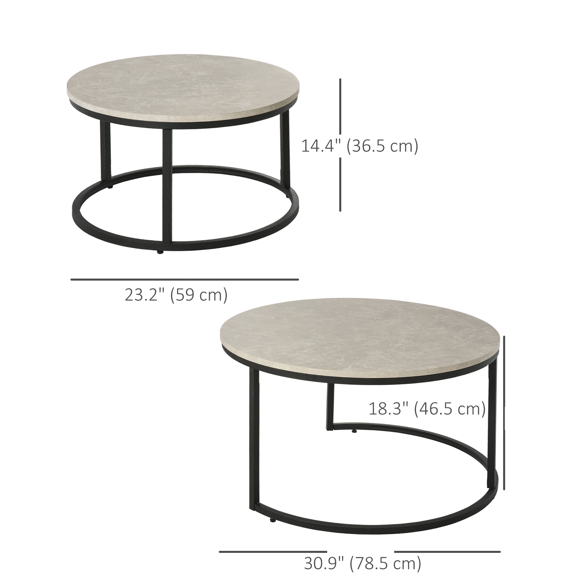 HOMCOM Nesting Tables, 31" Round Coffee Table Set of 2, Modern Side Tables for Living Room with Metal Base, Cement Grey