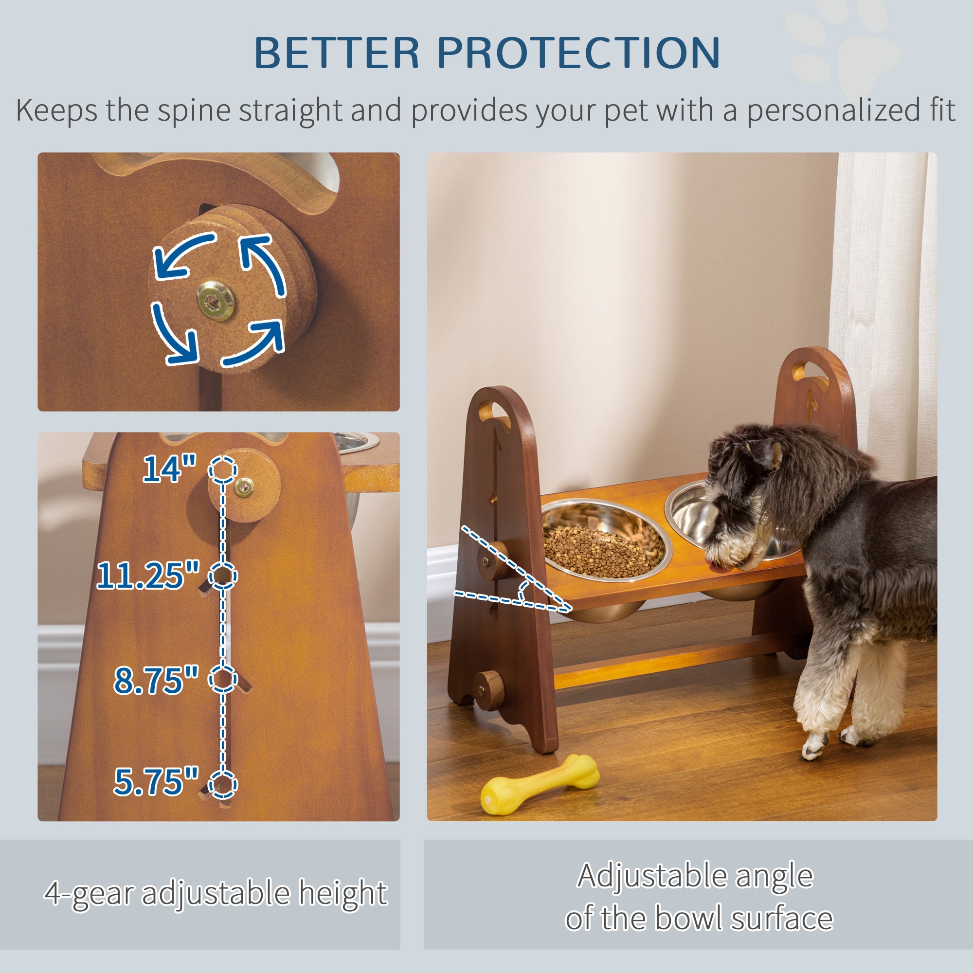 PawHut Elevated Dog Bowls Adjustable Pet Feeder Raised Dog Bowl with 2 Removable Stainless Steel Bowls for S, M, L, XL  Dogs, Brown