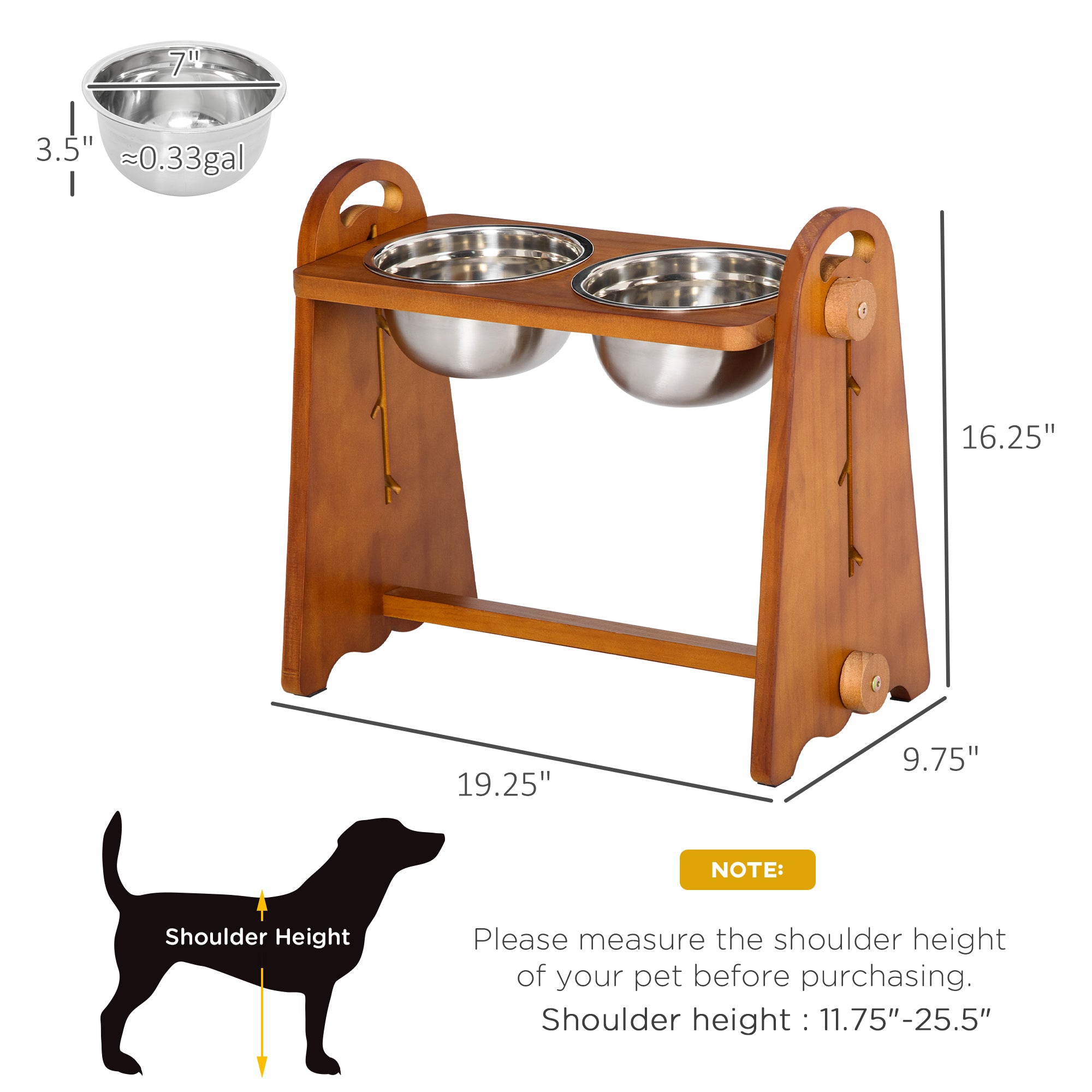 PawHut Elevated Dog Bowls Adjustable Pet Feeder Raised Dog Bowl with 2 Removable Stainless Steel Bowls for S, M, L, XL  Dogs, Brown