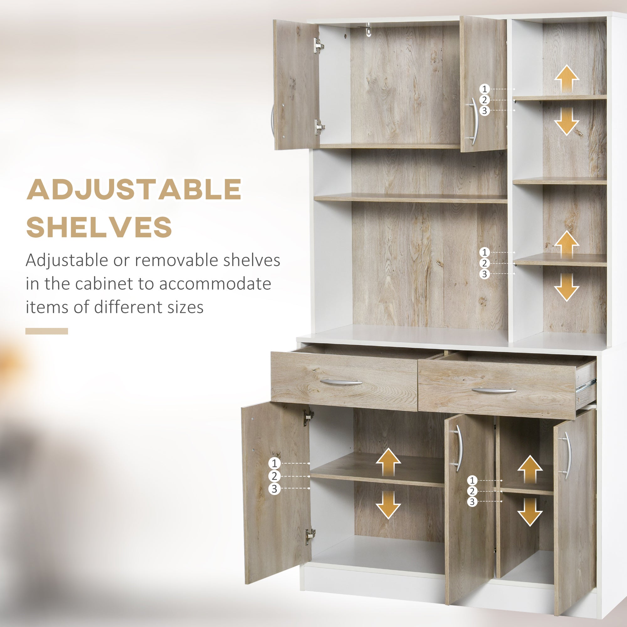 HOMCOM 71" Kitchen Buffet with Hutch, Freestanding Kitchen Pantry Storage Cabinet with Adjustable Shelf, Doors, Drawers, Microwave Counter, Natural