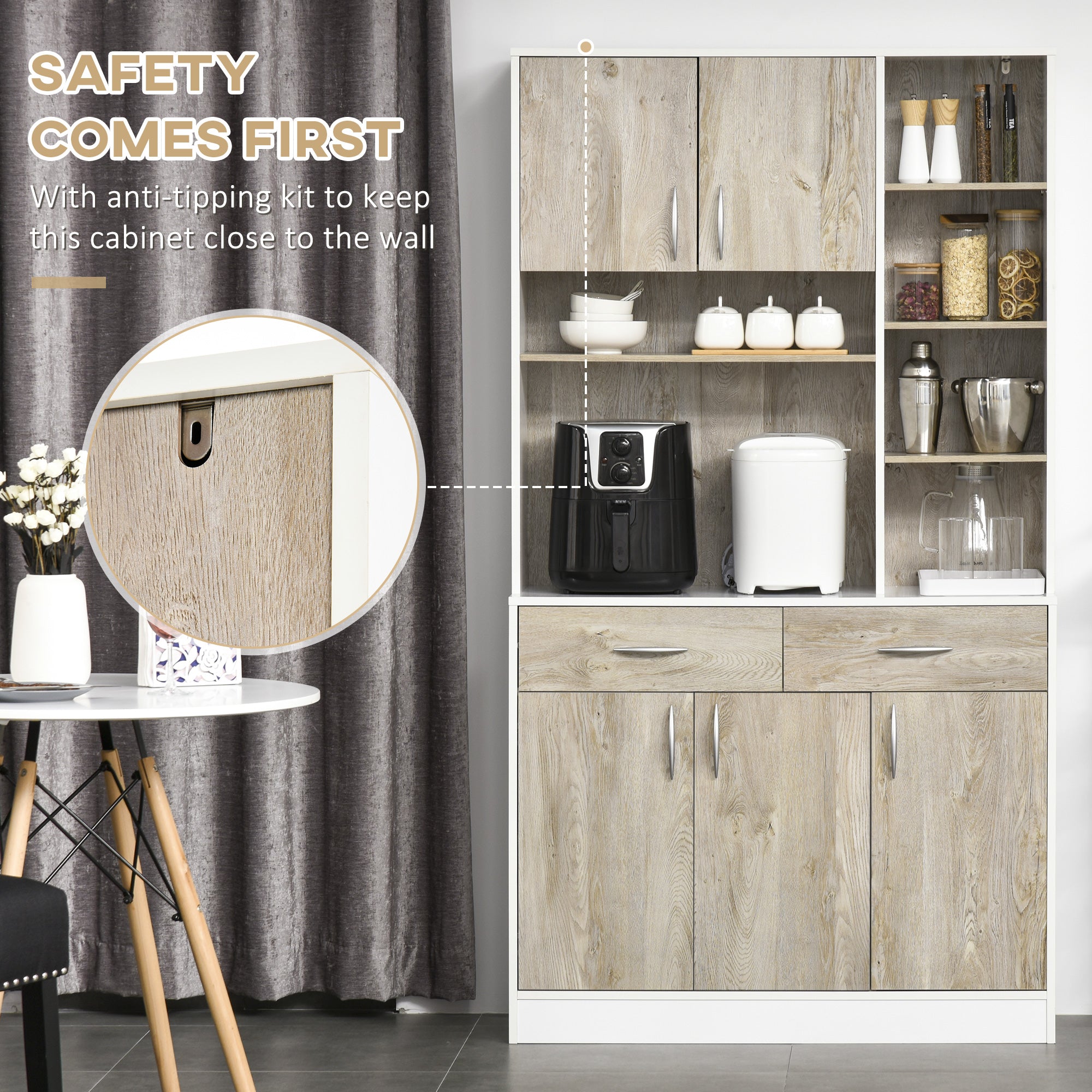 HOMCOM 71" Kitchen Buffet with Hutch, Freestanding Kitchen Pantry Storage Cabinet with Adjustable Shelf, Doors, Drawers, Microwave Counter, Natural