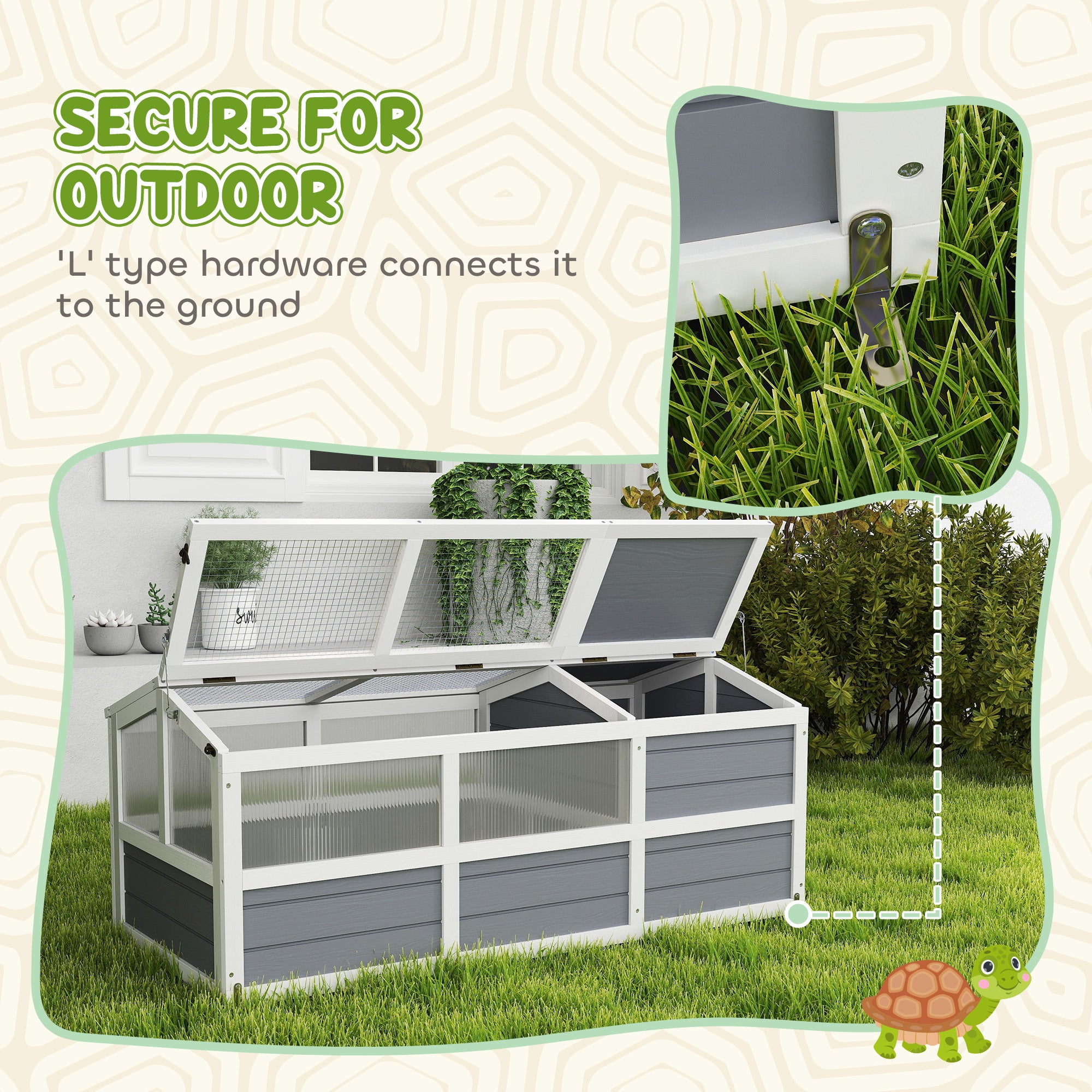 PawHut Tortoise Habitat Outdoor, Wooden Tortoise House Bottomless Design with Doors, PC Sun Panel Windows, Tortoise Enclosure for Small Animals, Rabbits, Light Gray