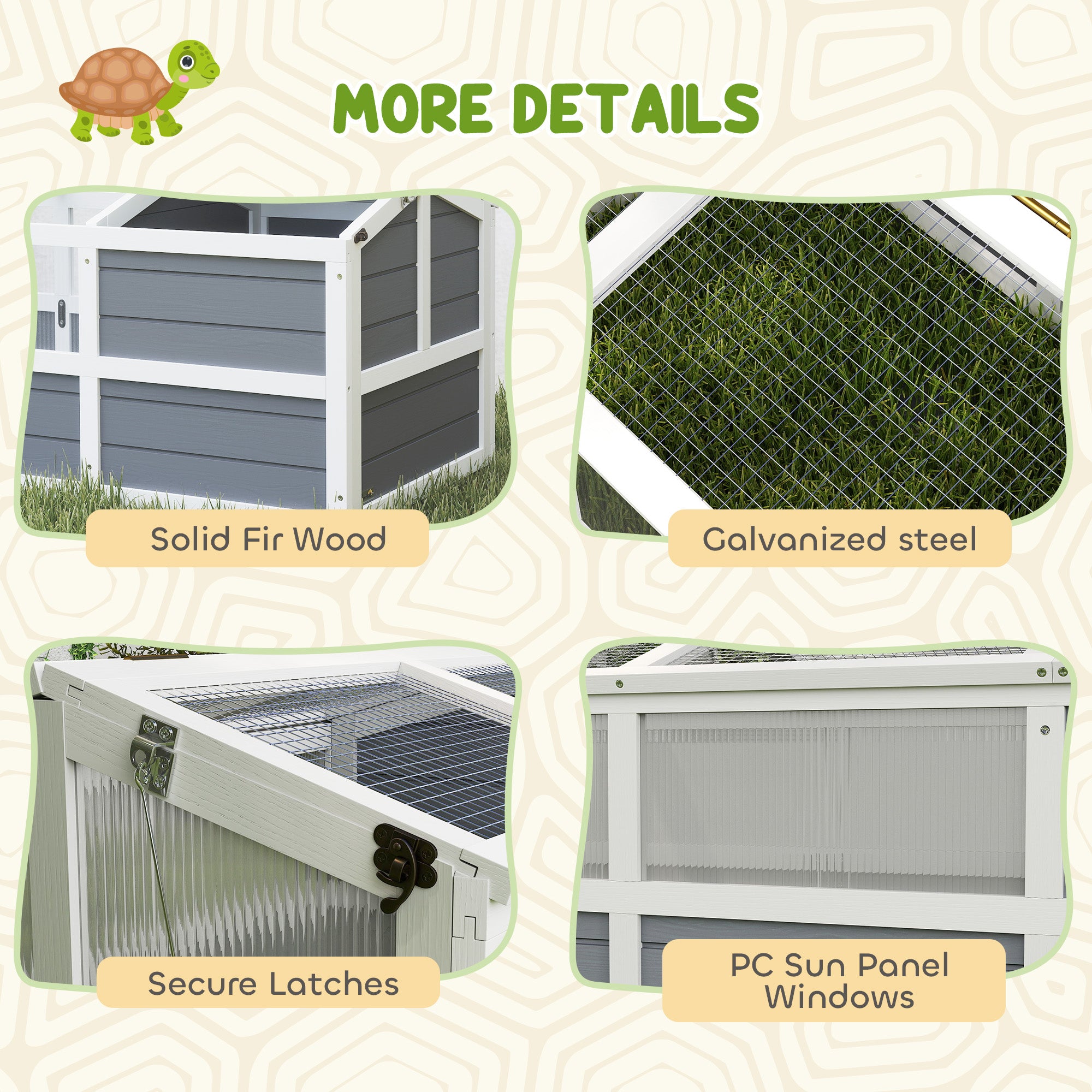 PawHut Tortoise Habitat Outdoor, Wooden Tortoise House Bottomless Design with Doors, PC Sun Panel Windows, Tortoise Enclosure for Small Animals, Rabbits, Light Gray