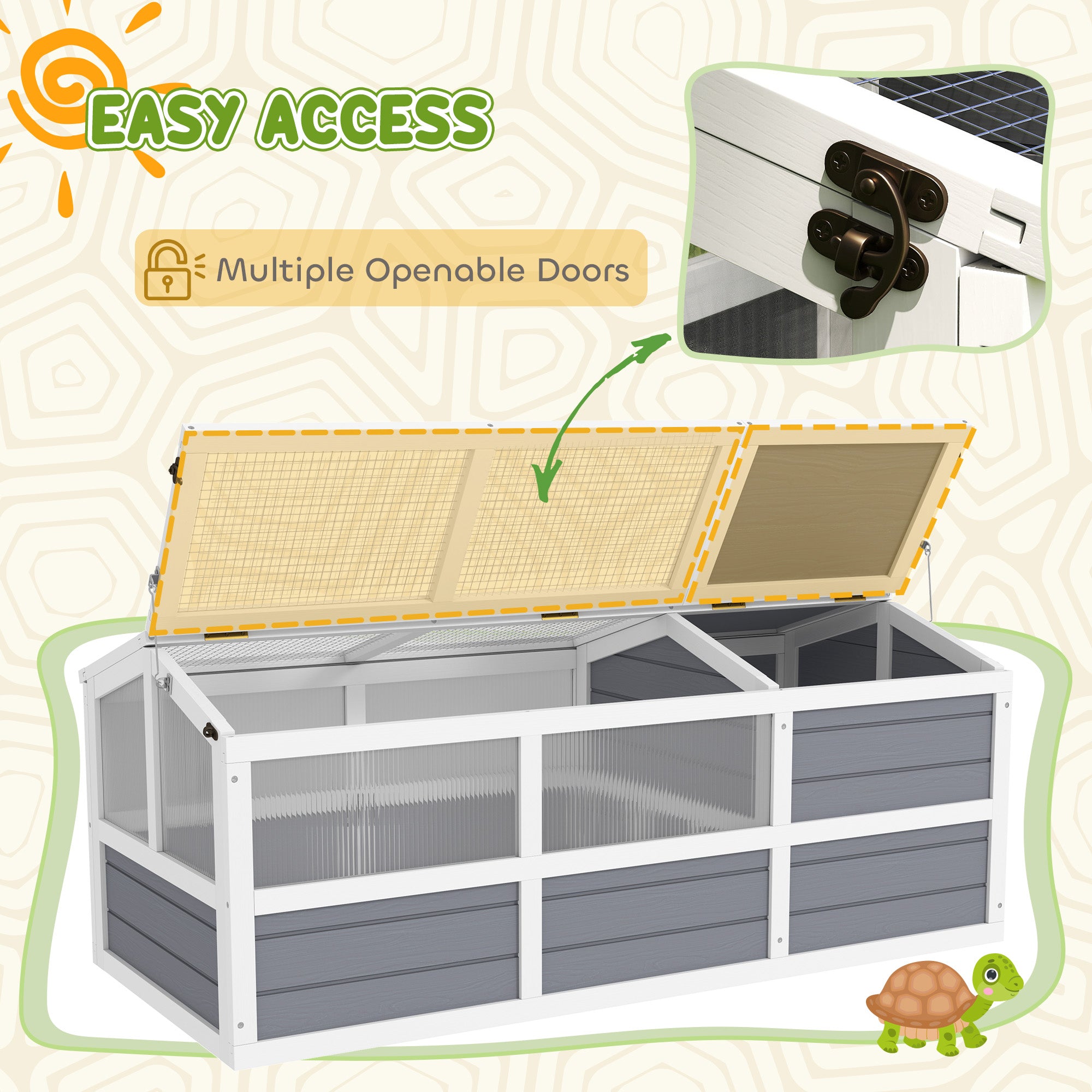 PawHut Tortoise Habitat Outdoor, Wooden Tortoise House Bottomless Design with Doors, PC Sun Panel Windows, Tortoise Enclosure for Small Animals, Rabbits, Light Gray