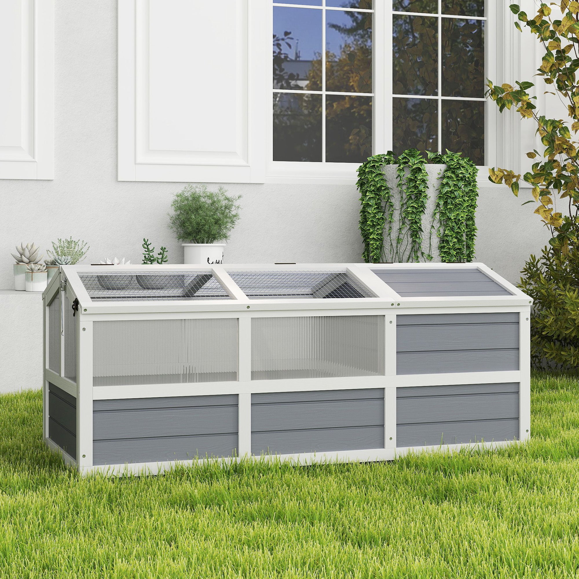 PawHut Tortoise Habitat Outdoor, Wooden Tortoise House Bottomless Design with Doors, PC Sun Panel Windows, Tortoise Enclosure for Small Animals, Rabbits, Light Gray