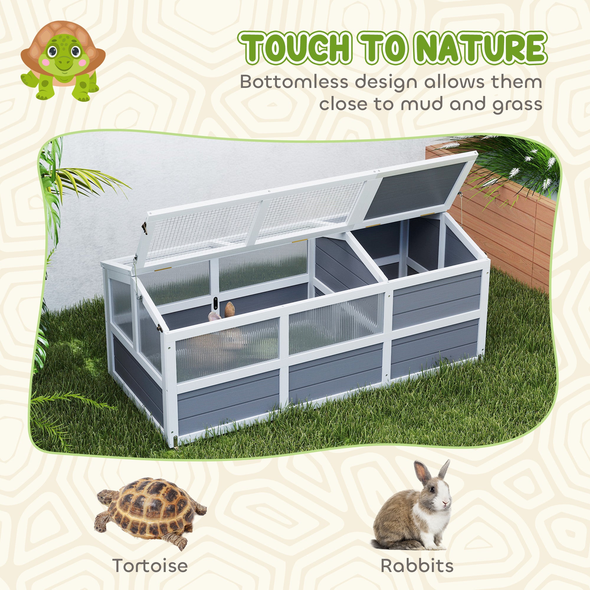 PawHut Tortoise Habitat Outdoor, Wooden Tortoise House Bottomless Design with Doors, PC Sun Panel Windows, Tortoise Enclosure for Small Animals, Rabbits, Light Gray