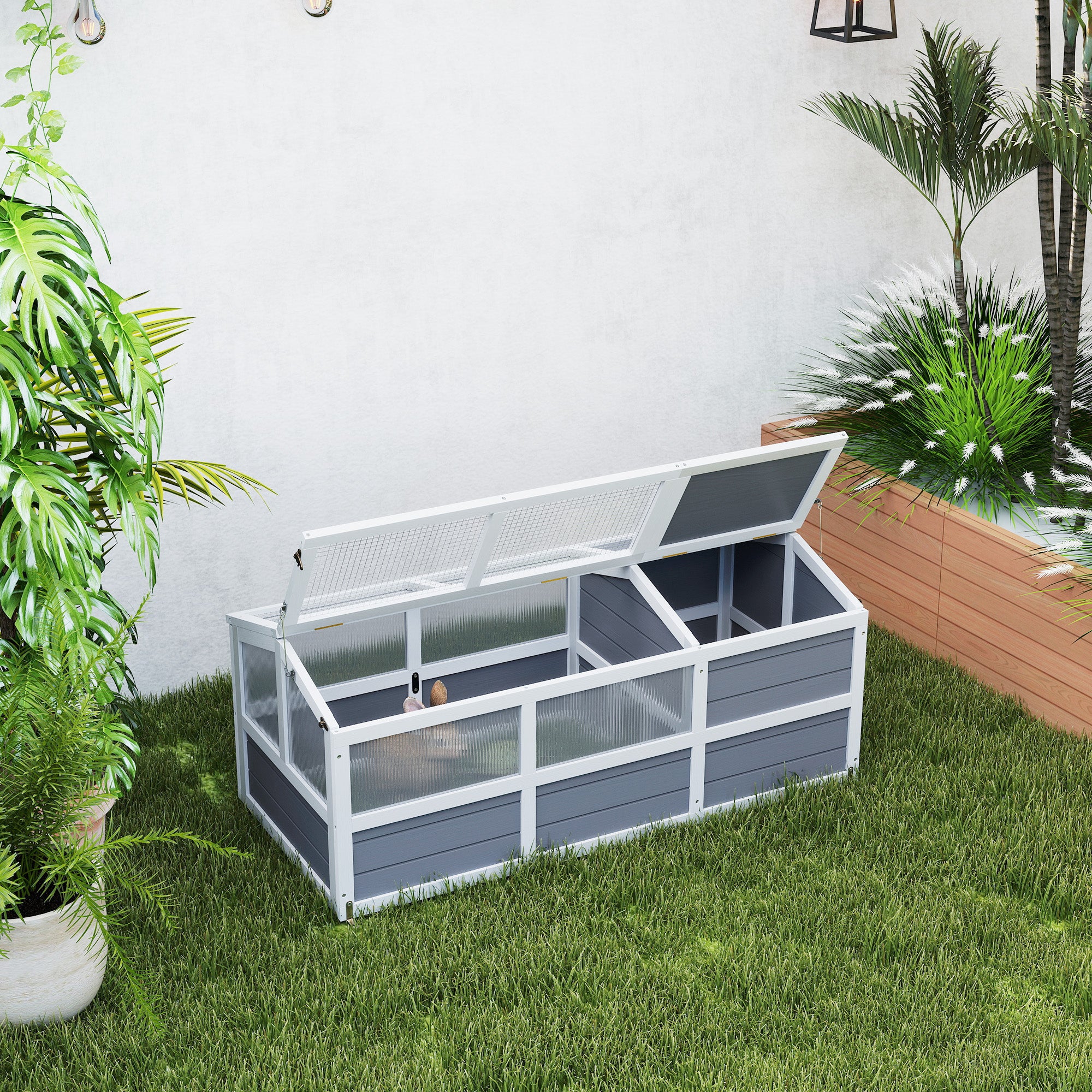 PawHut Tortoise Habitat Outdoor, Wooden Tortoise House Bottomless Design with Doors, PC Sun Panel Windows, Tortoise Enclosure for Small Animals, Rabbits, Light Gray