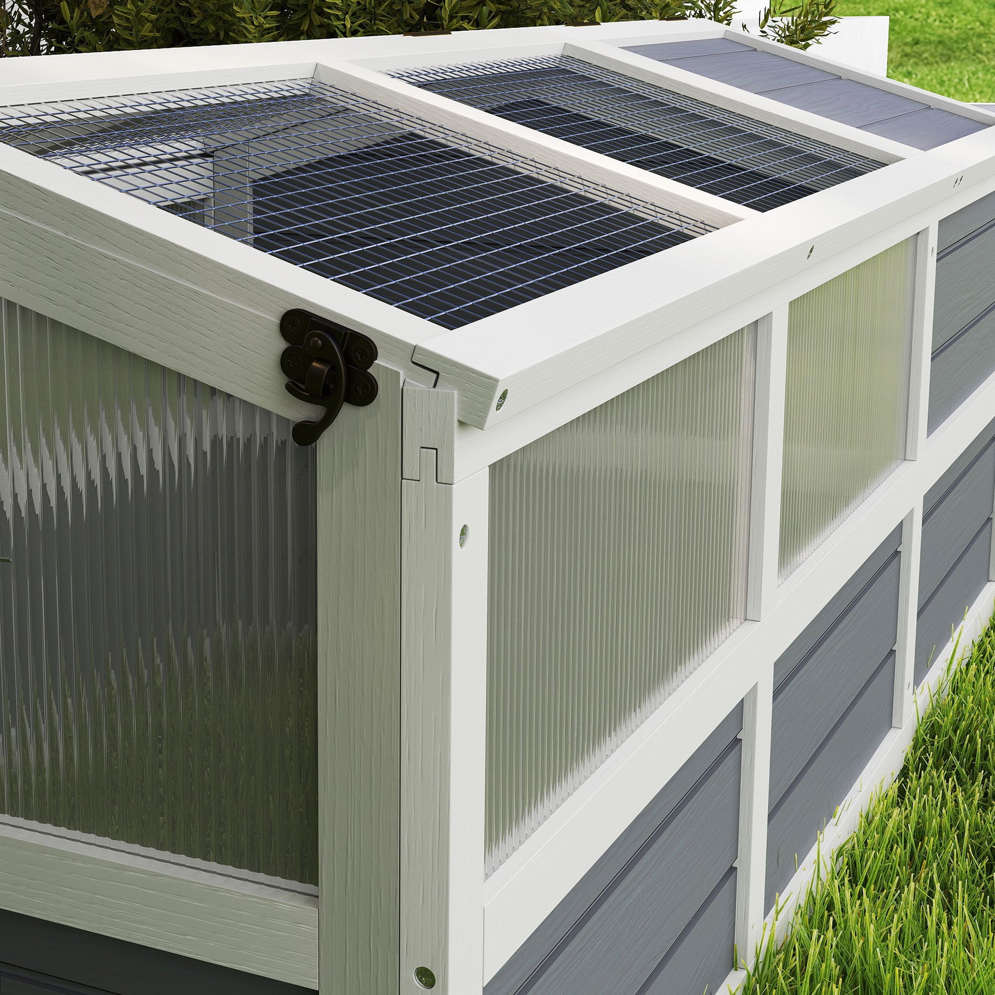 PawHut Tortoise Habitat Outdoor, Wooden Tortoise House Bottomless Design with Doors, PC Sun Panel Windows, Tortoise Enclosure for Small Animals, Rabbits, Light Gray
