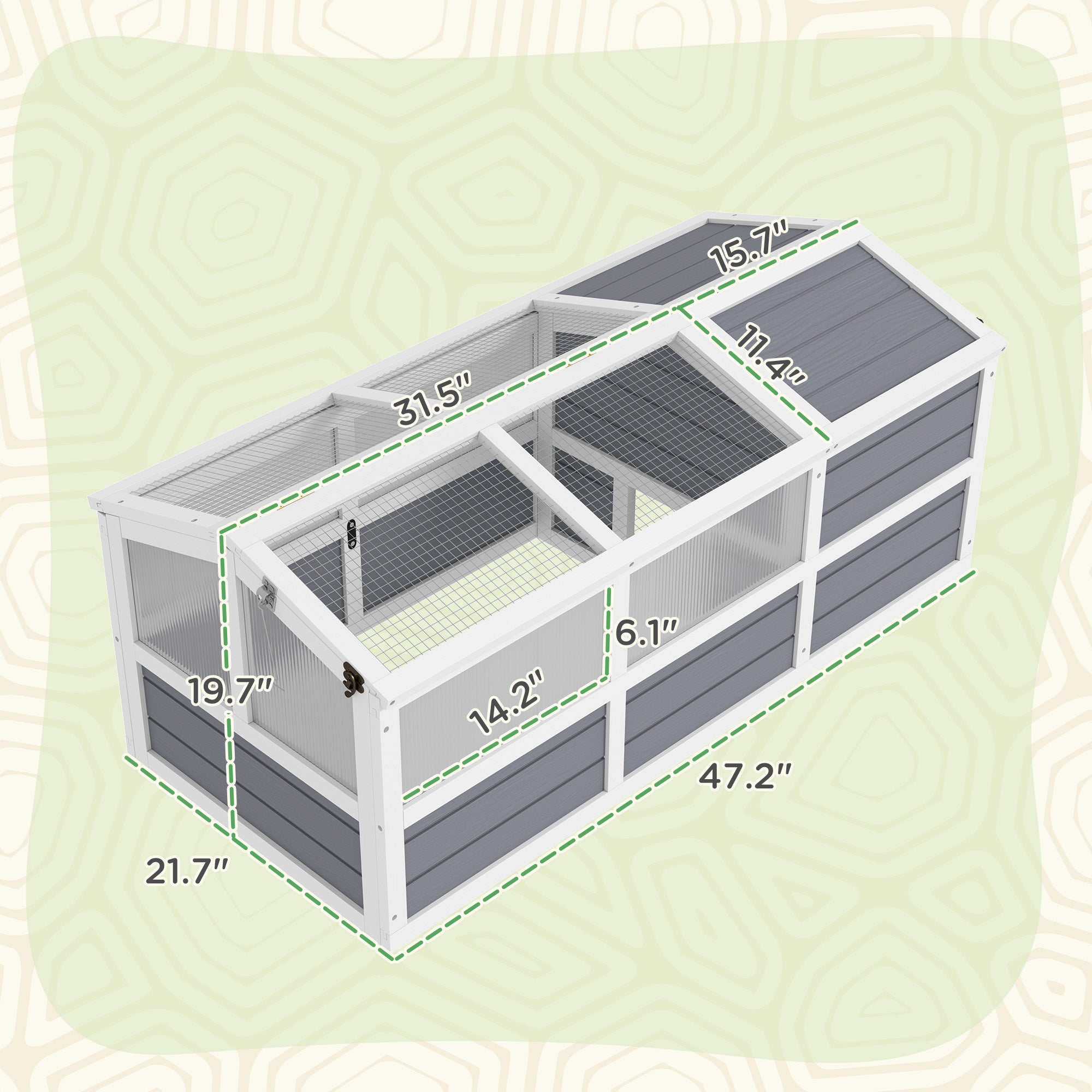 PawHut Tortoise Habitat Outdoor, Wooden Tortoise House Bottomless Design with Doors, PC Sun Panel Windows, Tortoise Enclosure for Small Animals, Rabbits, Light Gray