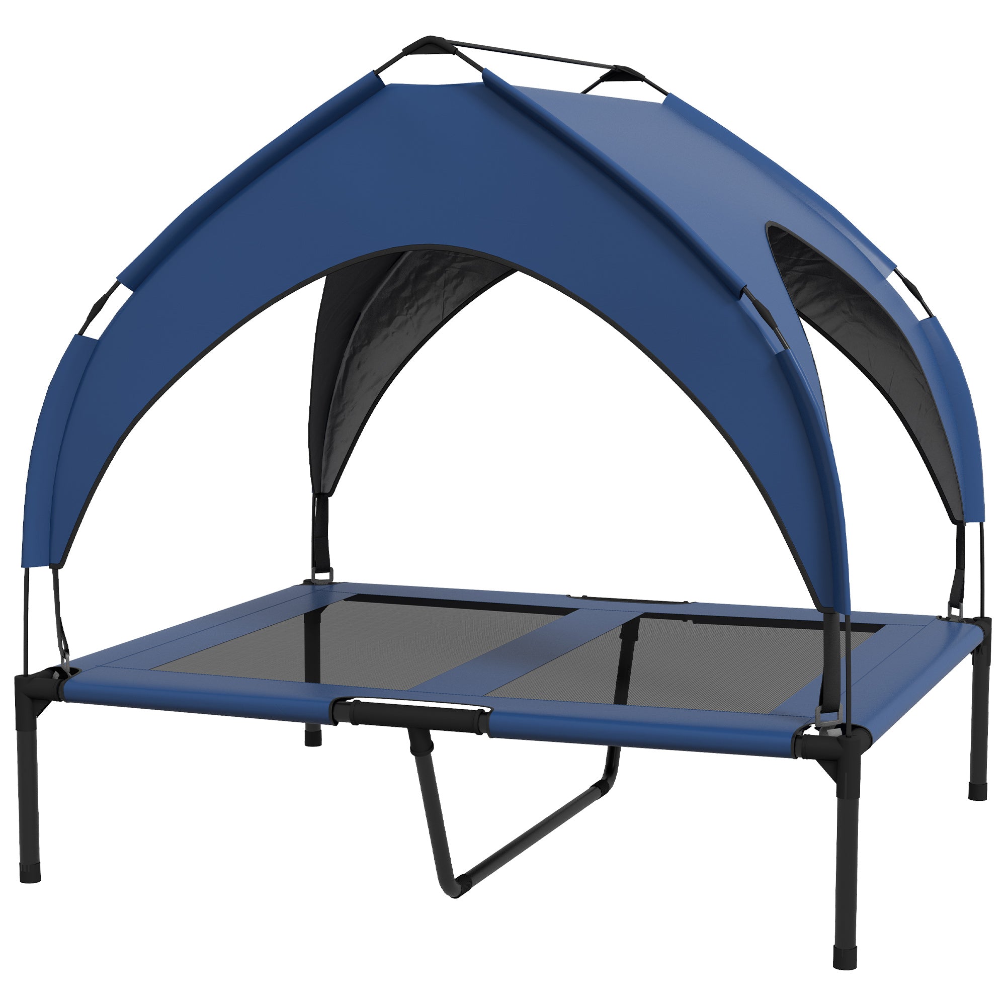 PawHut Cooling Raised Dog Bed, Elevated Pet Bed with Breathable Mesh, UV Protection Canopy, Foot Pads, for Indoor Outdoor, Medium, Large Dogs, 91 x 76 x 89cm - Dark Blue