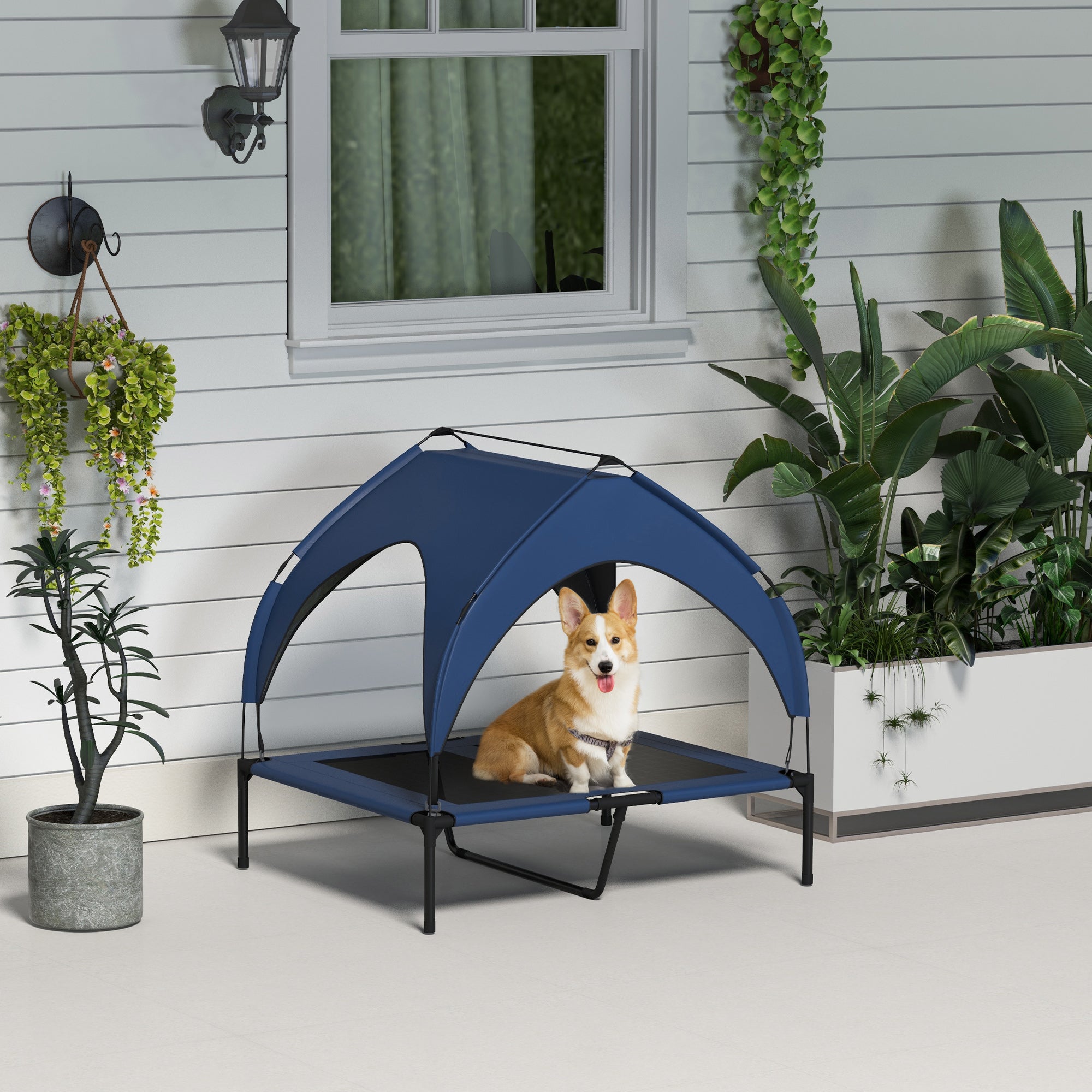 PawHut Cooling Raised Dog Bed, Elevated Pet Bed with Breathable Mesh, UV Protection Canopy, Foot Pads, for Indoor Outdoor, Medium, Large Dogs, 91 x 76 x 89cm - Dark Blue