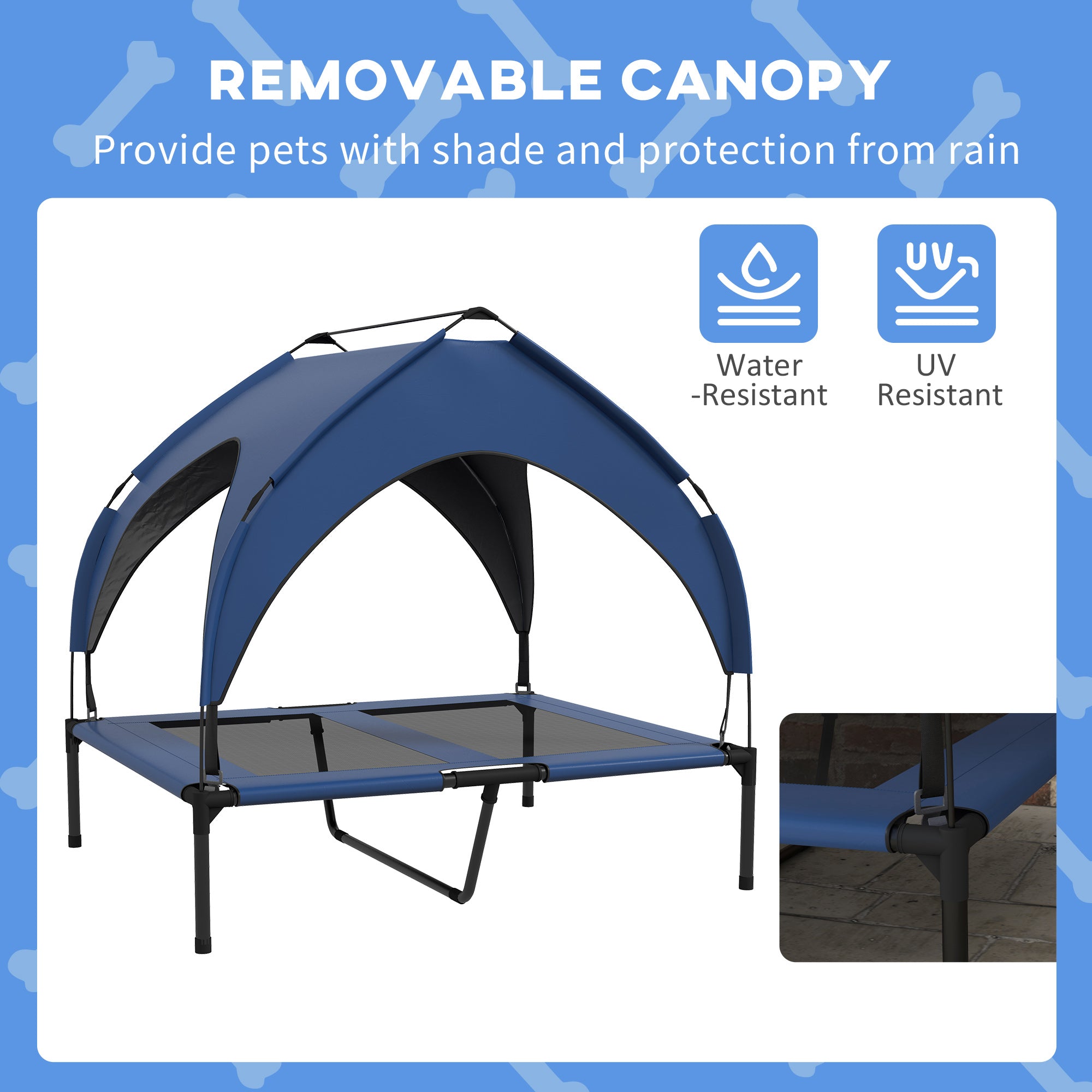PawHut Cooling Raised Dog Bed, Elevated Pet Bed with Breathable Mesh, UV Protection Canopy, Foot Pads, for Indoor Outdoor, Medium, Large Dogs, 91 x 76 x 89cm - Dark Blue
