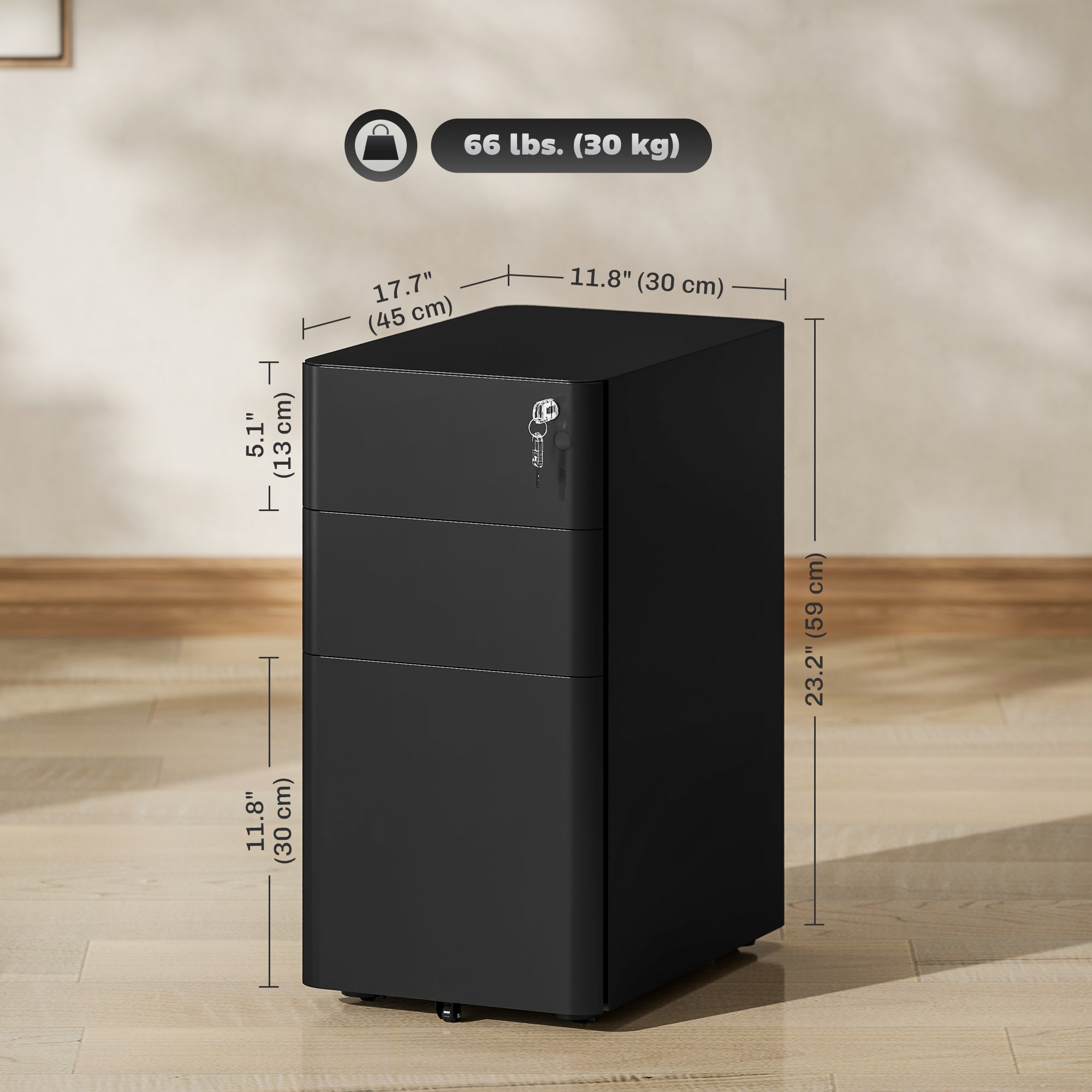 Vinsetto 3 Drawer Vertical File Cabinet, Lockable Steel Filing Cabinet with Hanging Bar for Letter A4 Legal Size Files, Printer Stand with Pre-Assembled Body, Black