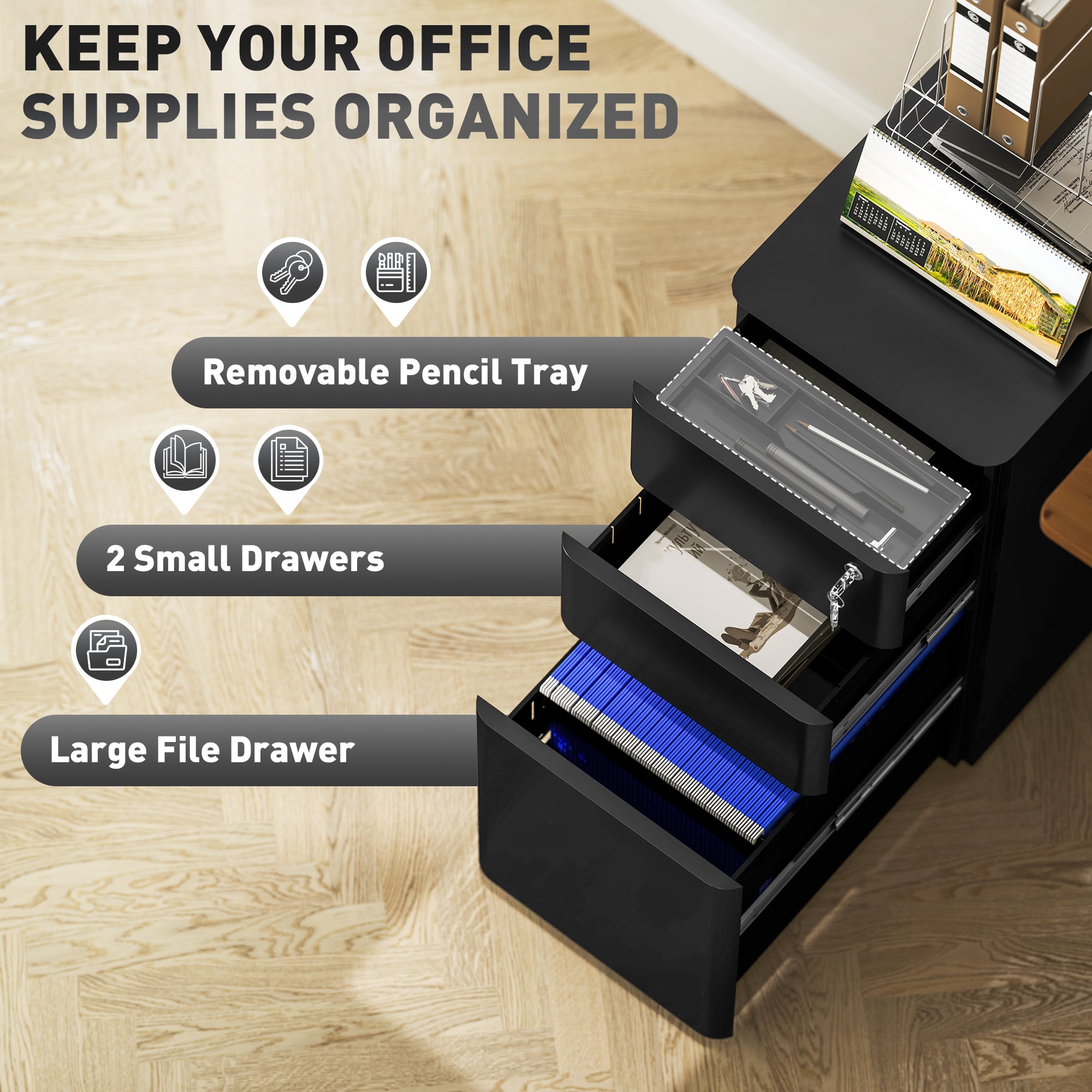 Vinsetto 3 Drawer Vertical File Cabinet, Lockable Steel Filing Cabinet with Hanging Bar for Letter A4 Legal Size Files, Printer Stand with Pre-Assembled Body, Black