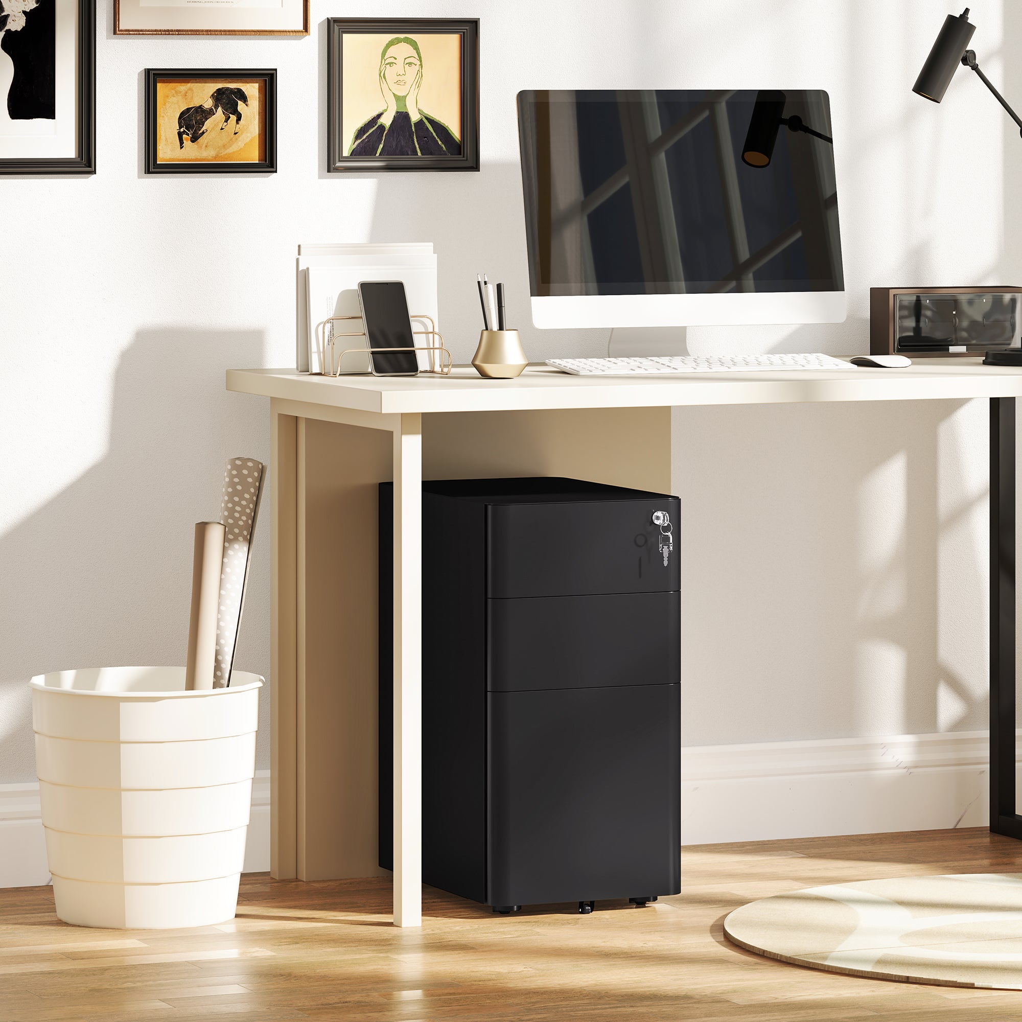 Vinsetto 3 Drawer Vertical File Cabinet, Lockable Steel Filing Cabinet with Hanging Bar for Letter A4 Legal Size Files, Printer Stand with Pre-Assembled Body, Black