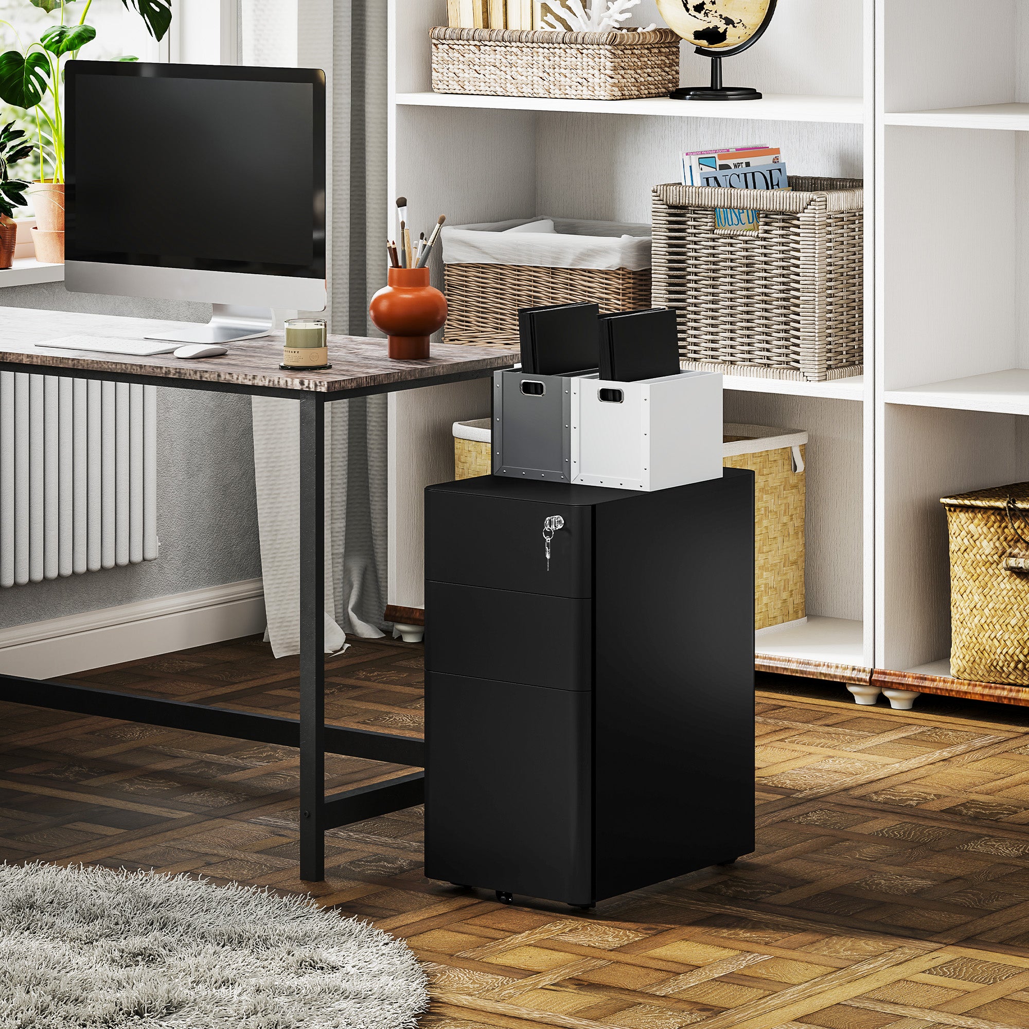 Vinsetto 3 Drawer Vertical File Cabinet, Lockable Steel Filing Cabinet with Hanging Bar for Letter A4 Legal Size Files, Printer Stand with Pre-Assembled Body, Black