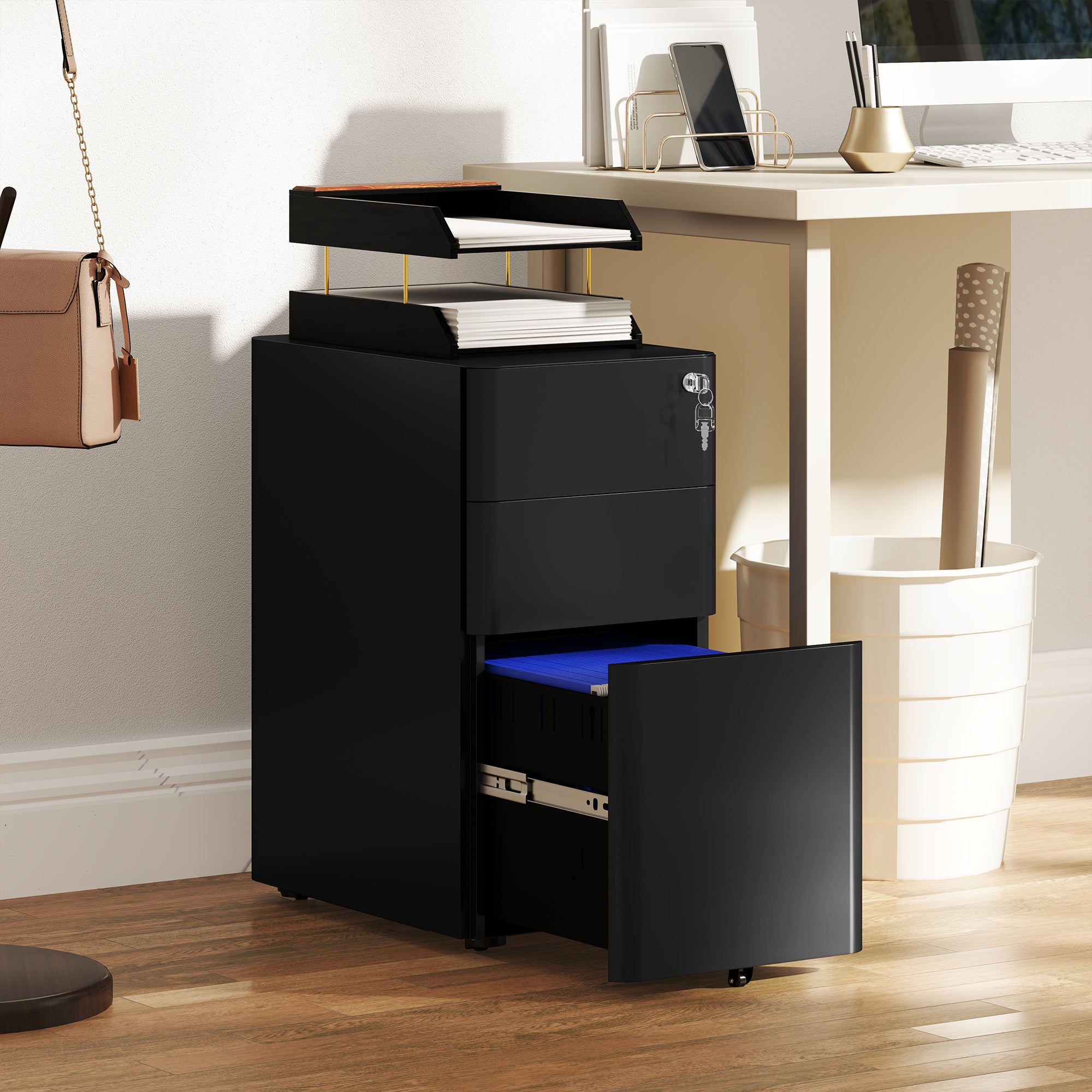 Vinsetto 3 Drawer Vertical File Cabinet, Lockable Steel Filing Cabinet with Hanging Bar for Letter A4 Legal Size Files, Printer Stand with Pre-Assembled Body, Black