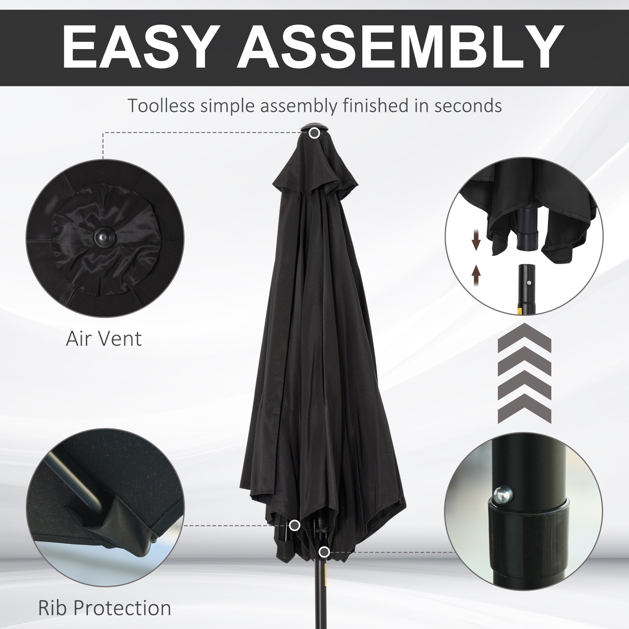Outsunny 8.5' Round Aluminum Patio Umbrella 6 Ribs Market Sunshade Tilt Canopy w/ Crank Handle Garden Parasol Black