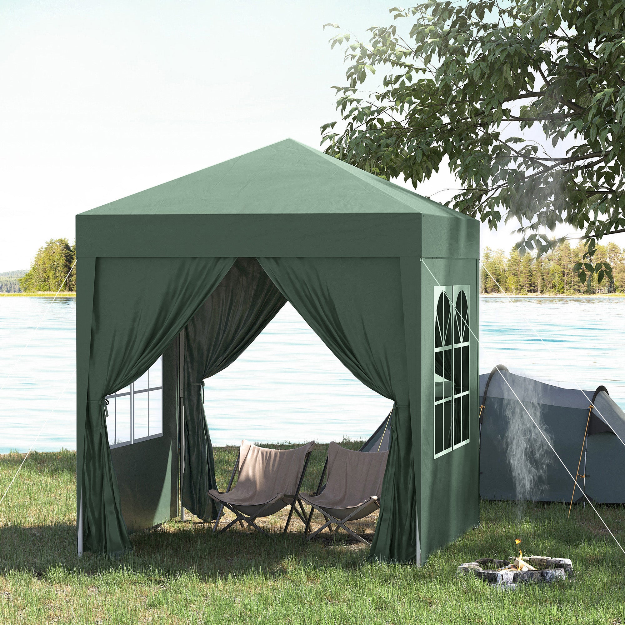 Outsunny 6.6'x6.6' Pop Up Canopy Tent with Sidewalls, Instant Sun Shelter Camping Gazebo with Carry Bag, for Outdoor, Garden, Patio, Green