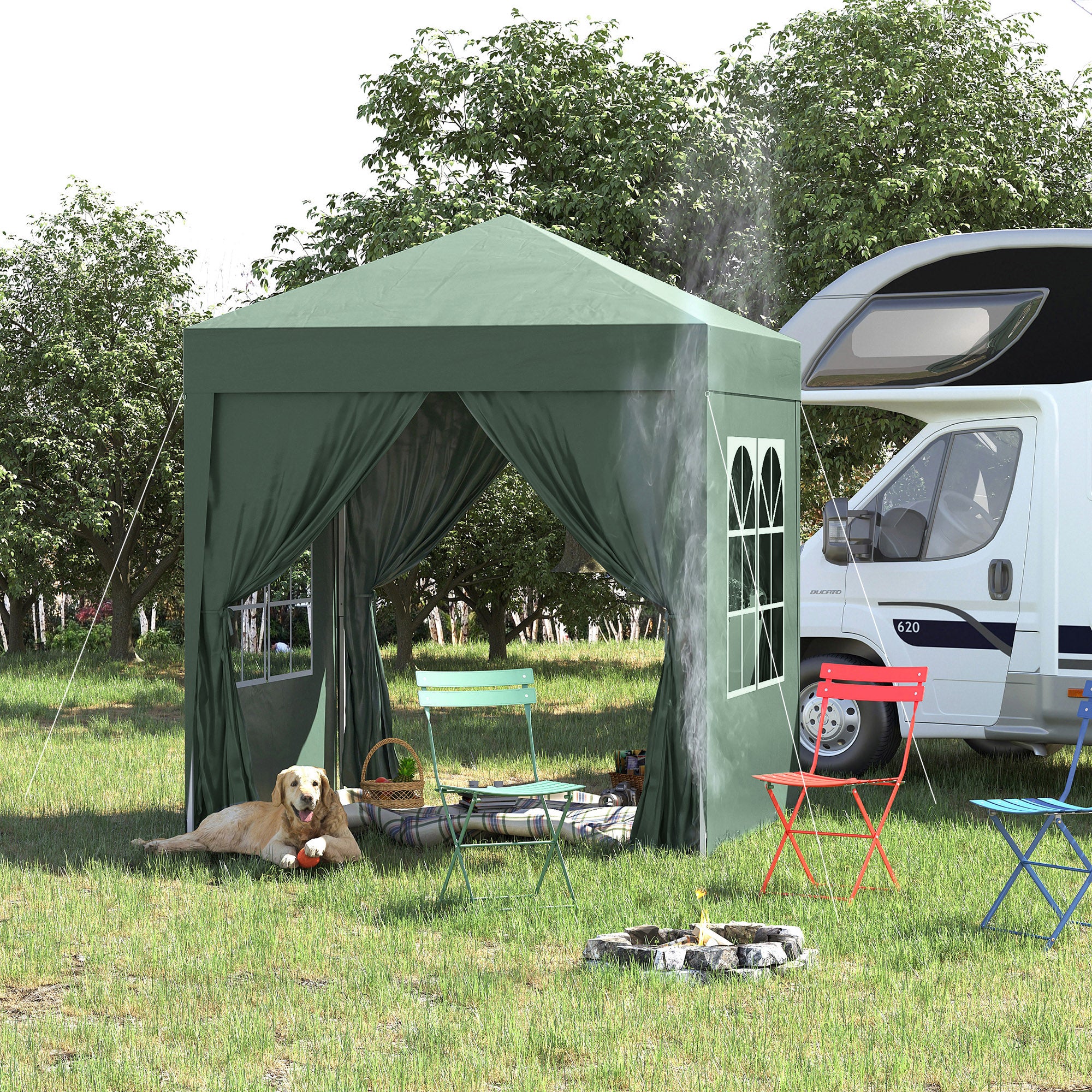 Outsunny 6.6'x6.6' Pop Up Canopy Tent with Sidewalls, Instant Sun Shelter Camping Gazebo with Carry Bag, for Outdoor, Garden, Patio, Green
