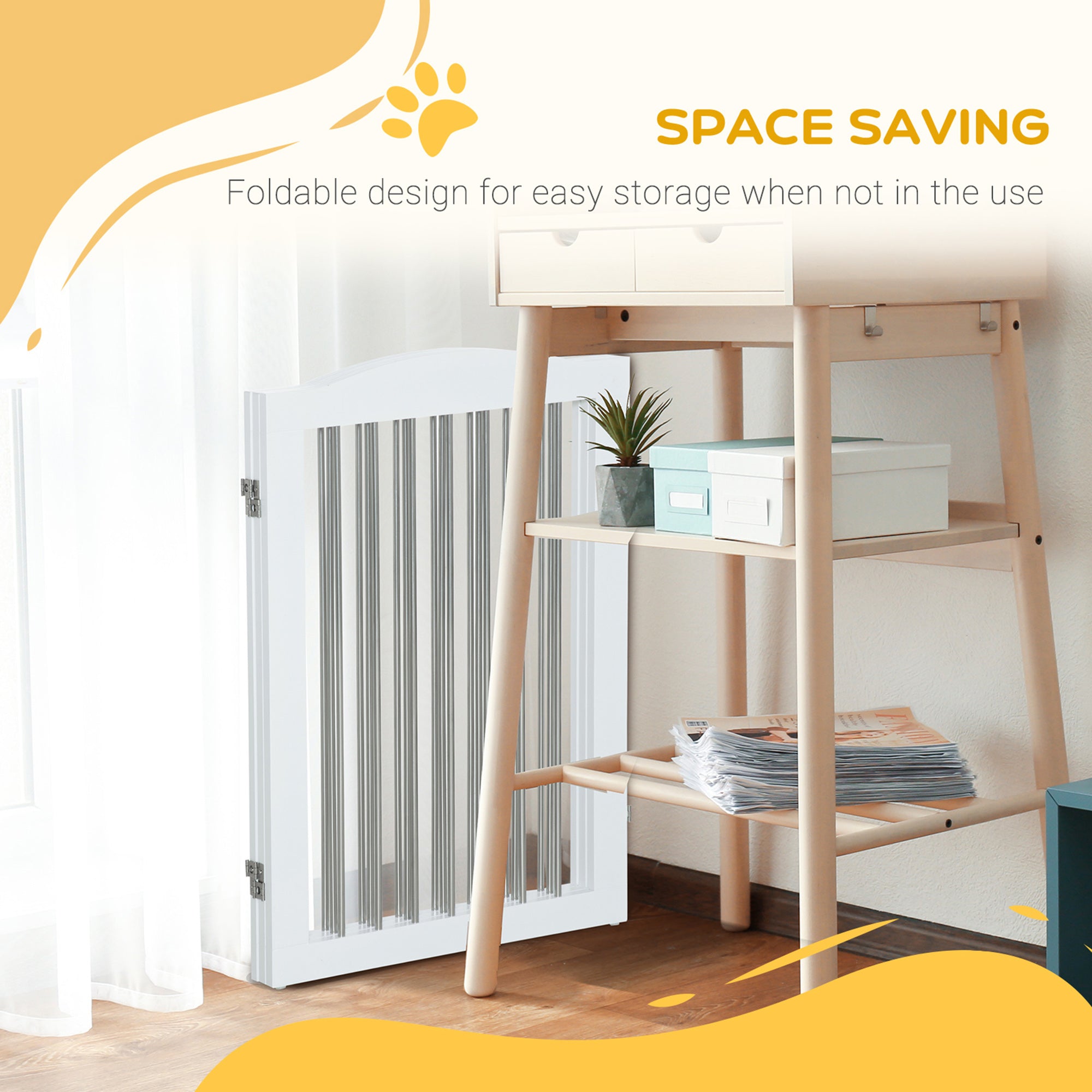 PawHut Foldable Dog Gate, Freestanding Pet Gate, Dog Barrier with Two Support Feet, for Doorways, Stairs, Halls - White