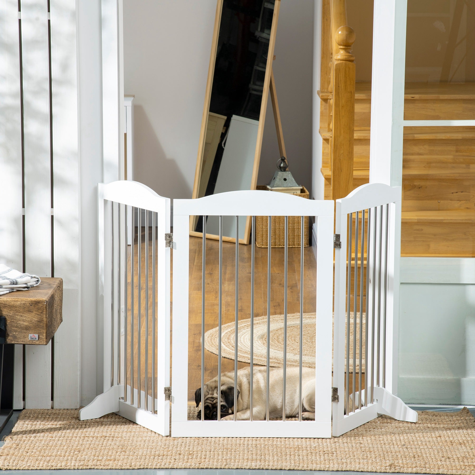 PawHut Foldable Dog Gate, Freestanding Pet Gate, Dog Barrier with Two Support Feet, for Doorways, Stairs, Halls - White