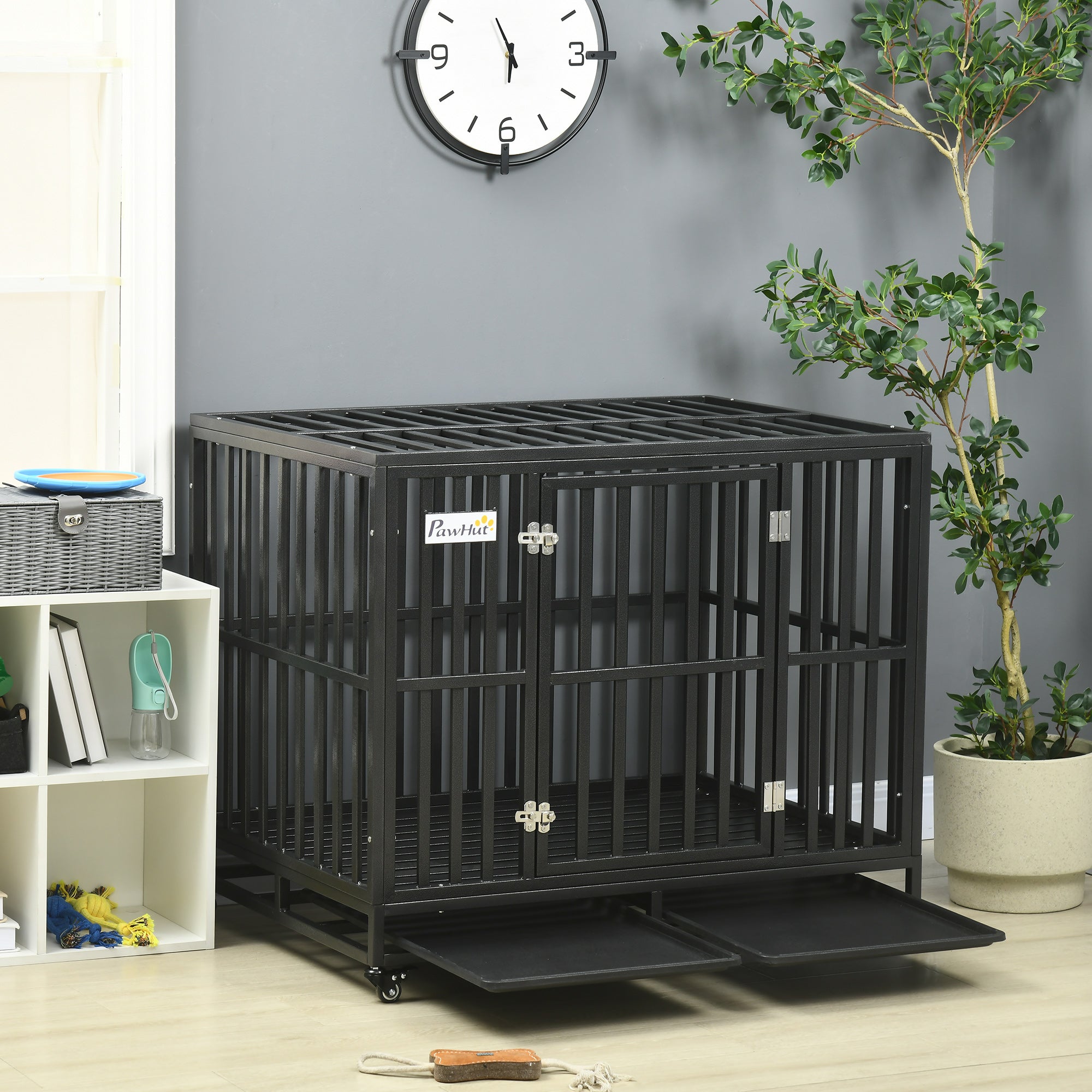 PawHut Heavy Duty Steel Dog Crate Kennel Pet Cage with Wheels for Portability and a Door for Convenient Access Anti-Pinching Floor, 40.7"L x 29.5"W x 34.6"H, Black