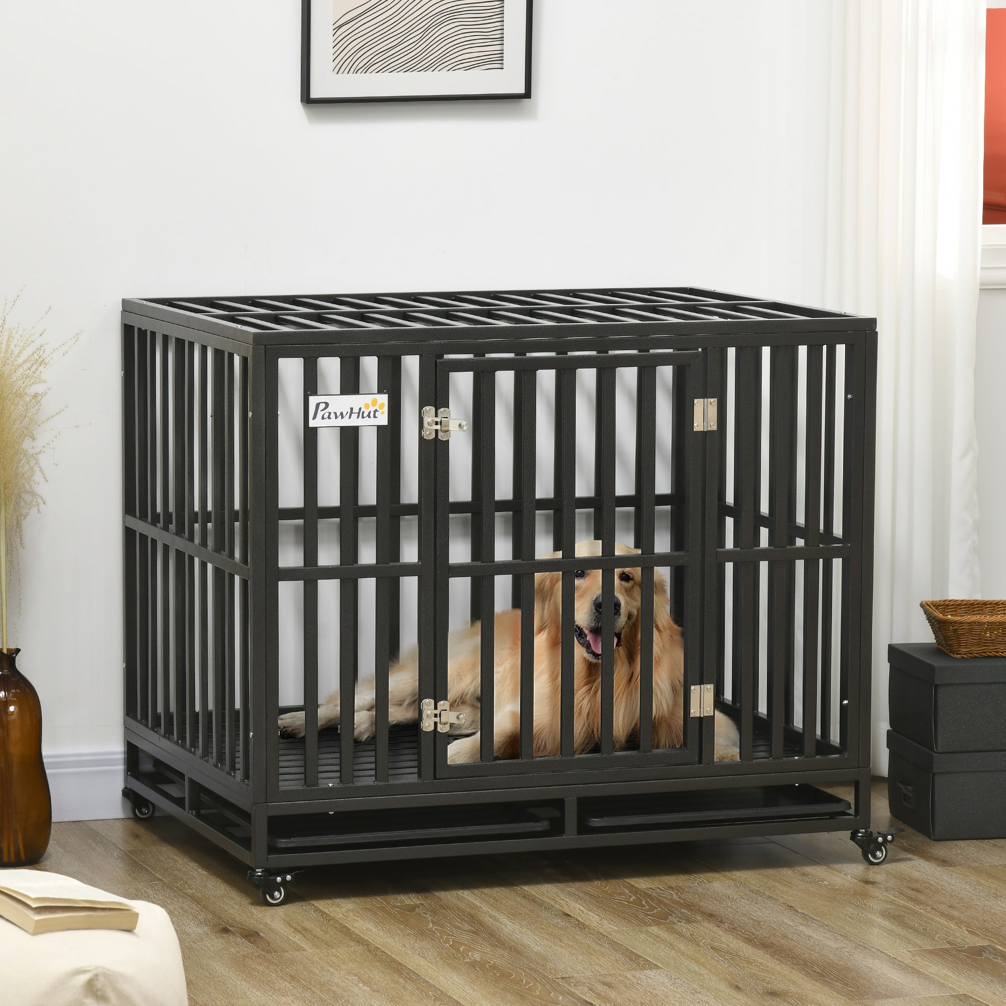 PawHut Heavy Duty Steel Dog Crate Kennel Pet Cage with Wheels for Portability and a Door for Convenient Access Anti-Pinching Floor, 40.7