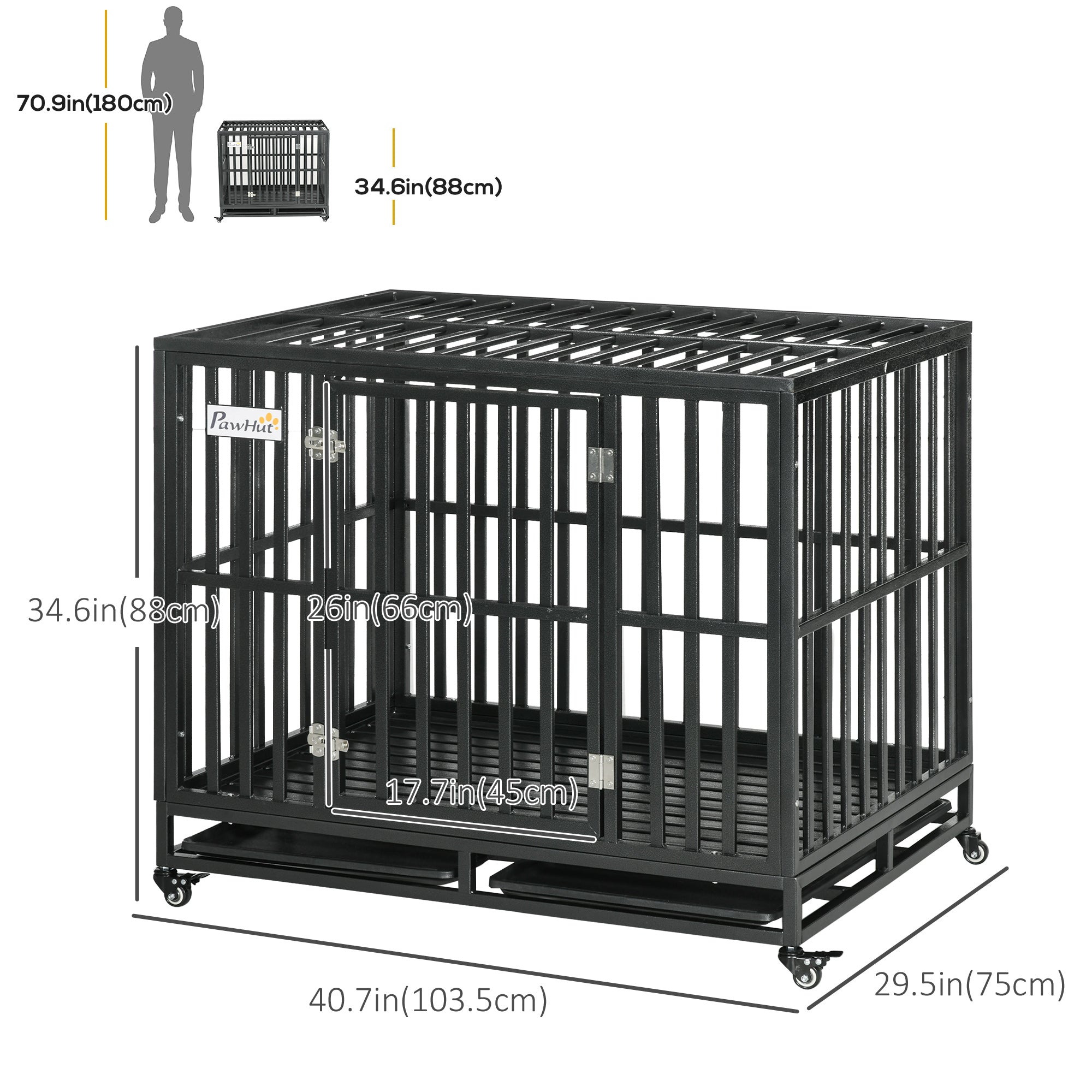 PawHut Heavy Duty Steel Dog Crate Kennel Pet Cage with Wheels for Portability and a Door for Convenient Access Anti-Pinching Floor, 40.7"L x 29.5"W x 34.6"H, Black
