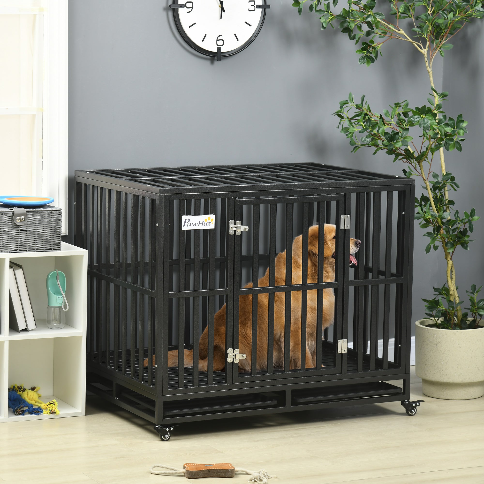 PawHut Heavy Duty Steel Dog Crate Kennel Pet Cage with Wheels for Portability and a Door for Convenient Access Anti-Pinching Floor, 40.7
