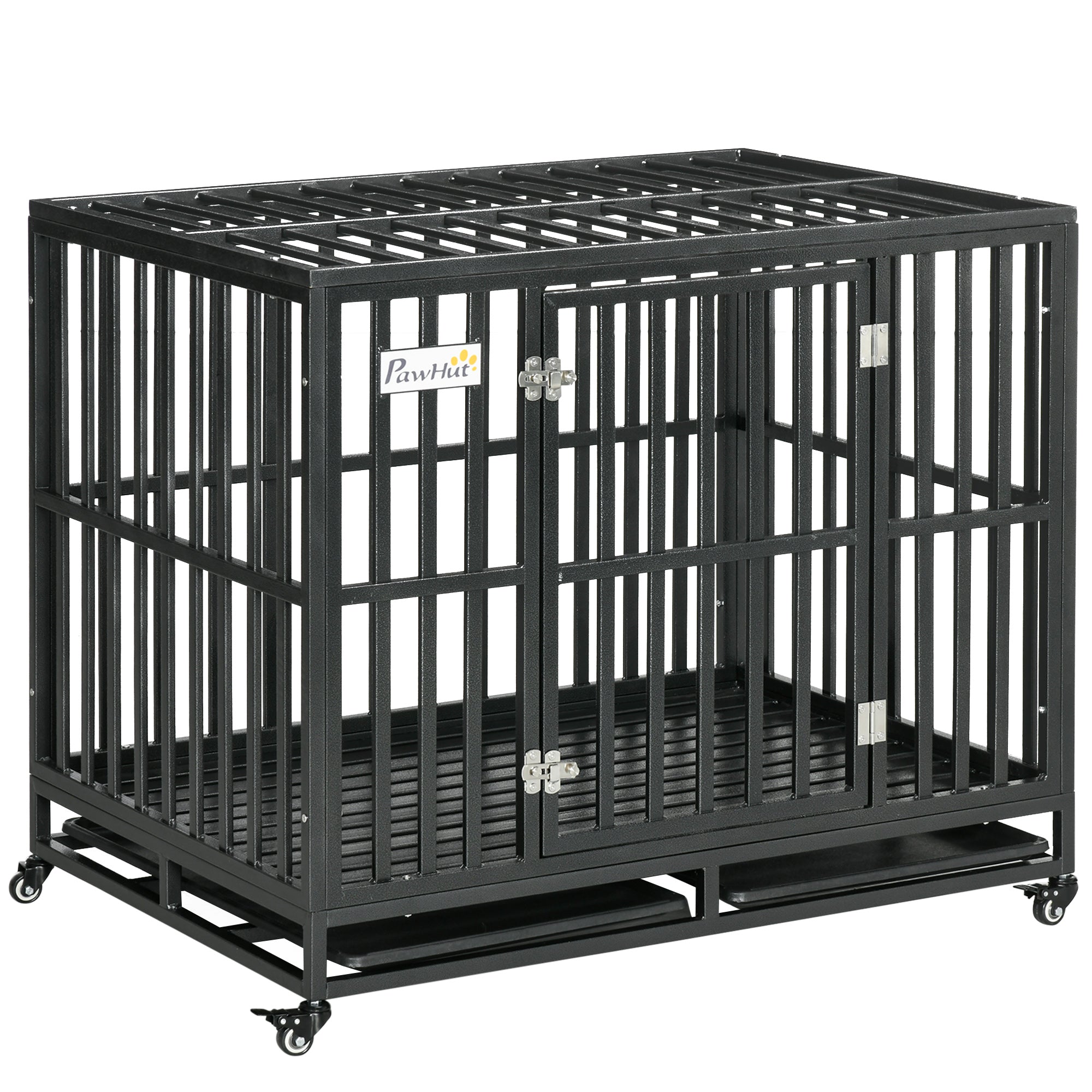 PawHut Heavy Duty Steel Dog Crate Kennel Pet Cage with Wheels for Portability and a Door for Convenient Access Anti-Pinching Floor, 40.7"L x 29.5"W x 34.6"H, Black