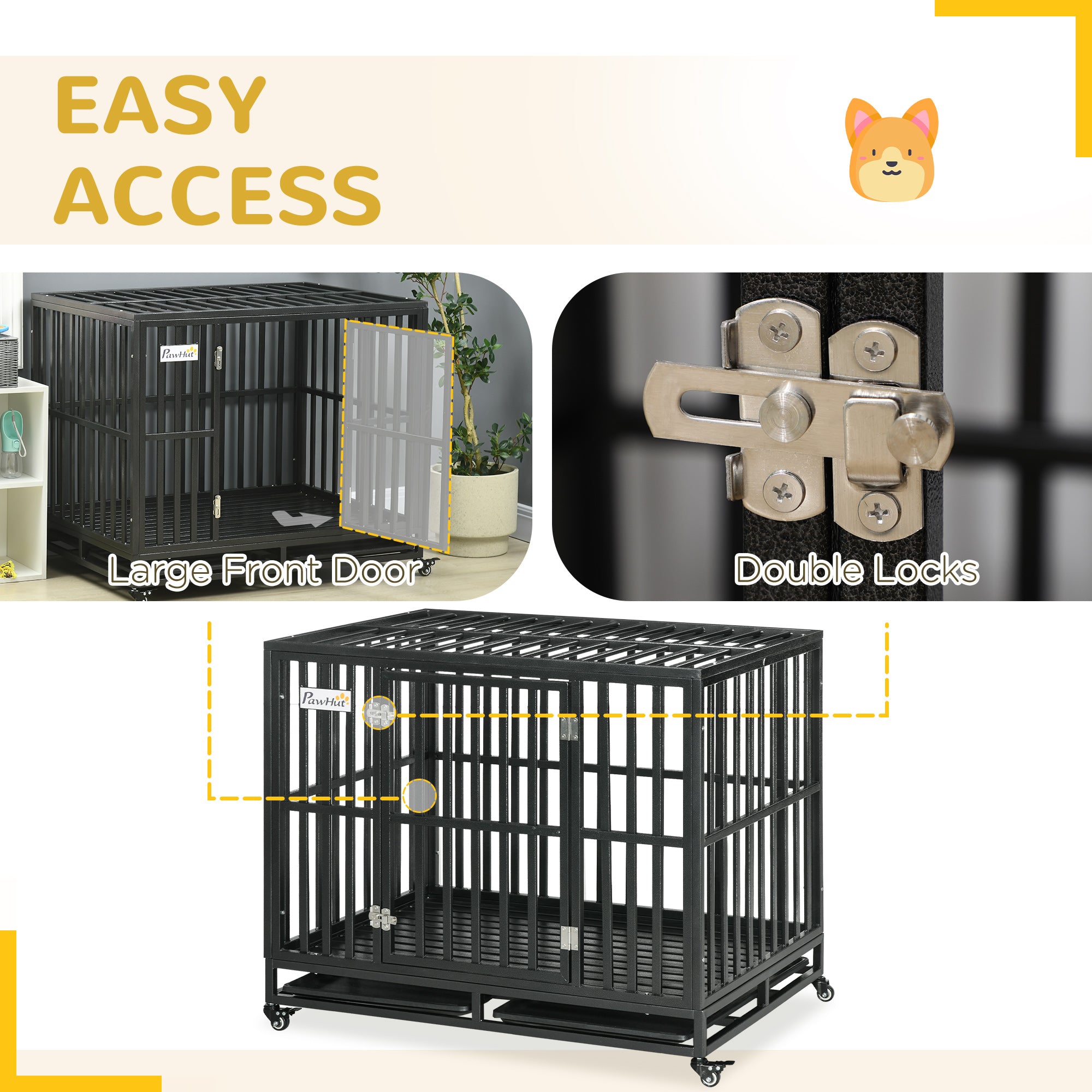 PawHut Heavy Duty Steel Dog Crate Kennel Pet Cage with Wheels for Portability and a Door for Convenient Access Anti-Pinching Floor, 40.7"L x 29.5"W x 34.6"H, Black