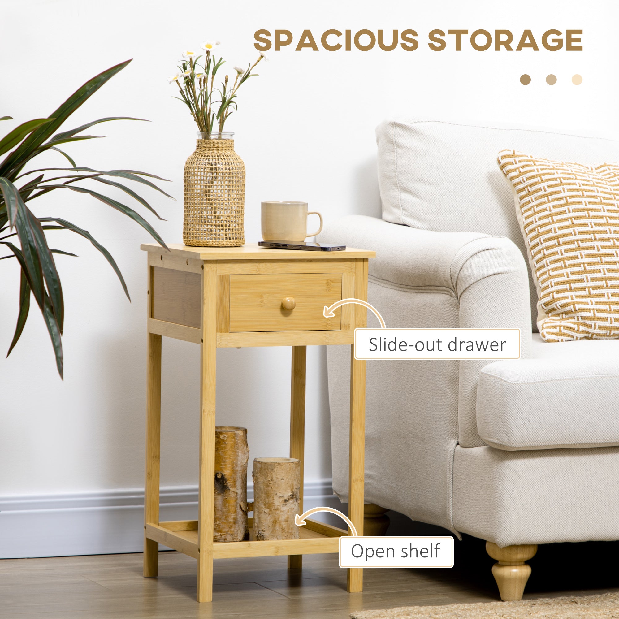 HOMCOM Side Table with Drawer and Storage Shelf, Narrow End Table Nightstand with Bamboo Frame for Small Spaces, Natural