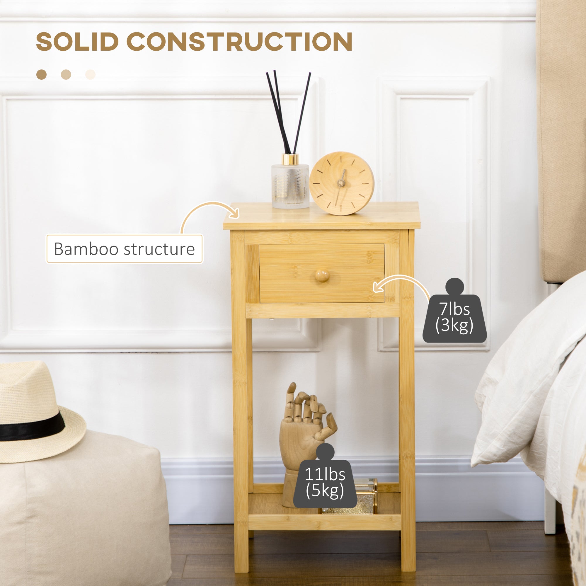 HOMCOM Side Table with Drawer and Storage Shelf, Narrow End Table Nightstand with Bamboo Frame for Small Spaces, Natural