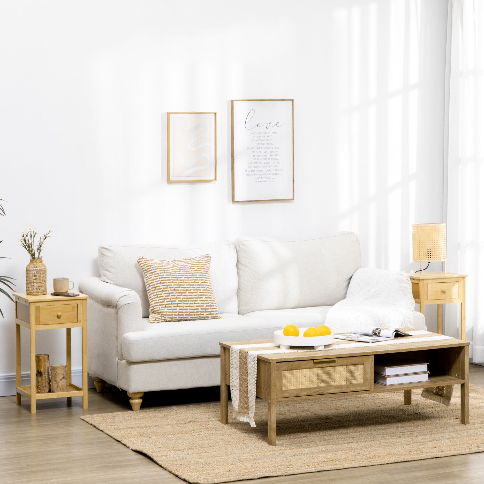 HOMCOM Side Table with Drawer and Storage Shelf, Narrow End Table Nightstand with Bamboo Frame for Small Spaces, Natural