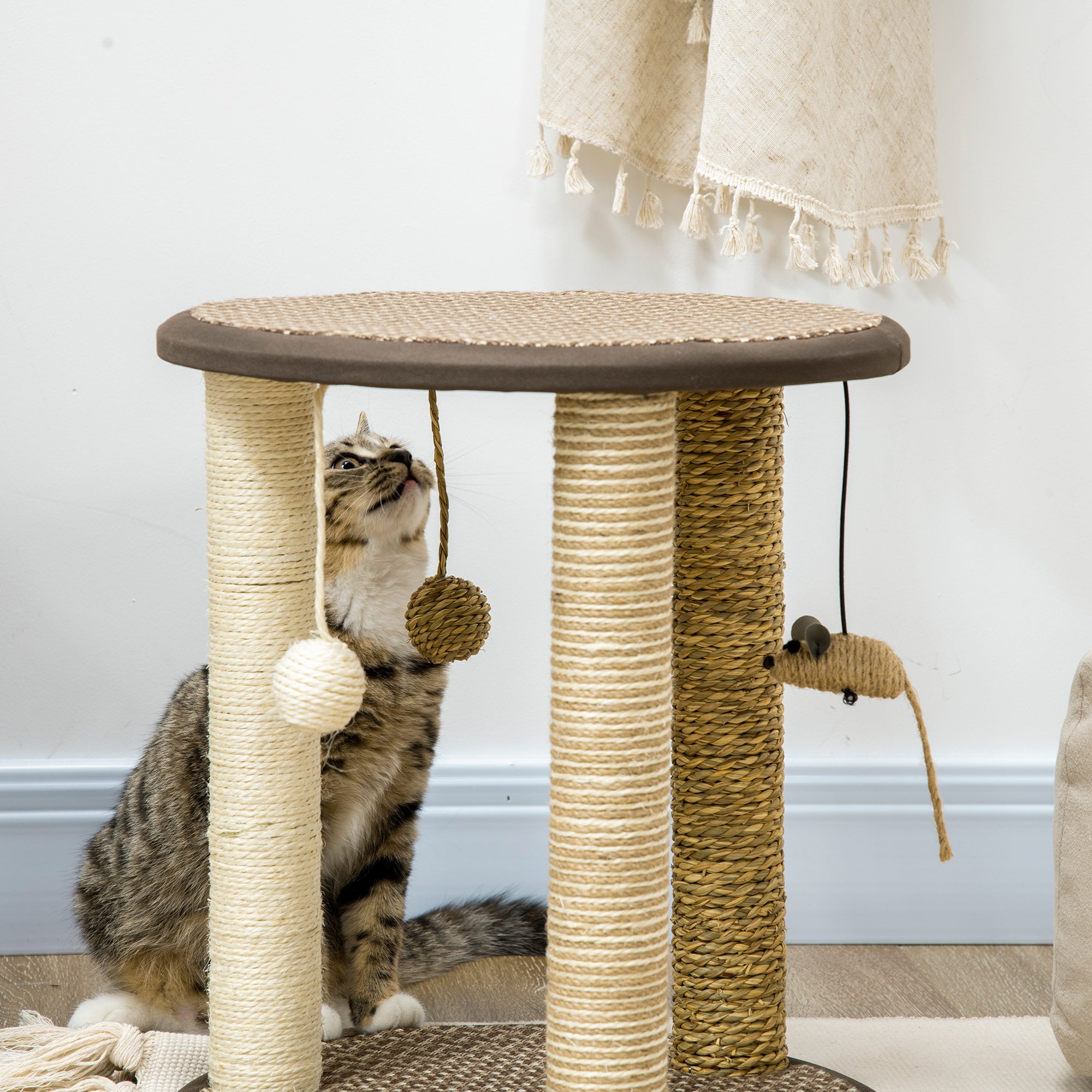 PawHut 17" Cat Tree, Kitty Activity Centre with Hanging Toys, Cat Climbing Toy, Cat Tower with Jute, Sisal, Seagrass Scratching Post, Brown