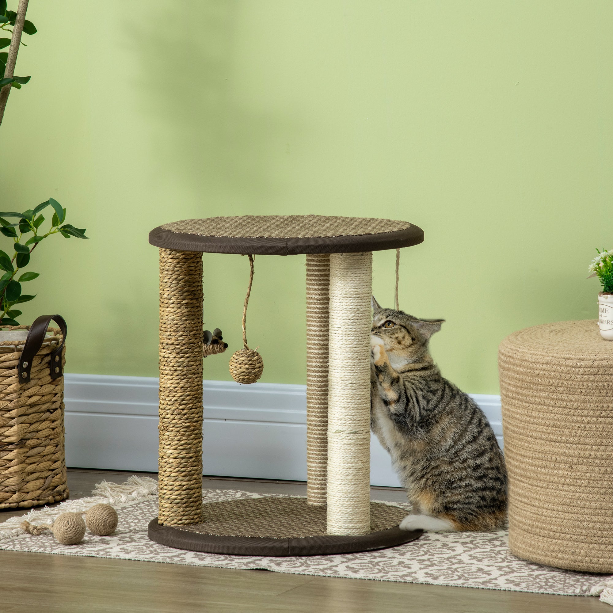 PawHut 17" Cat Tree, Kitty Activity Centre with Hanging Toys, Cat Climbing Toy, Cat Tower with Jute, Sisal, Seagrass Scratching Post, Brown
