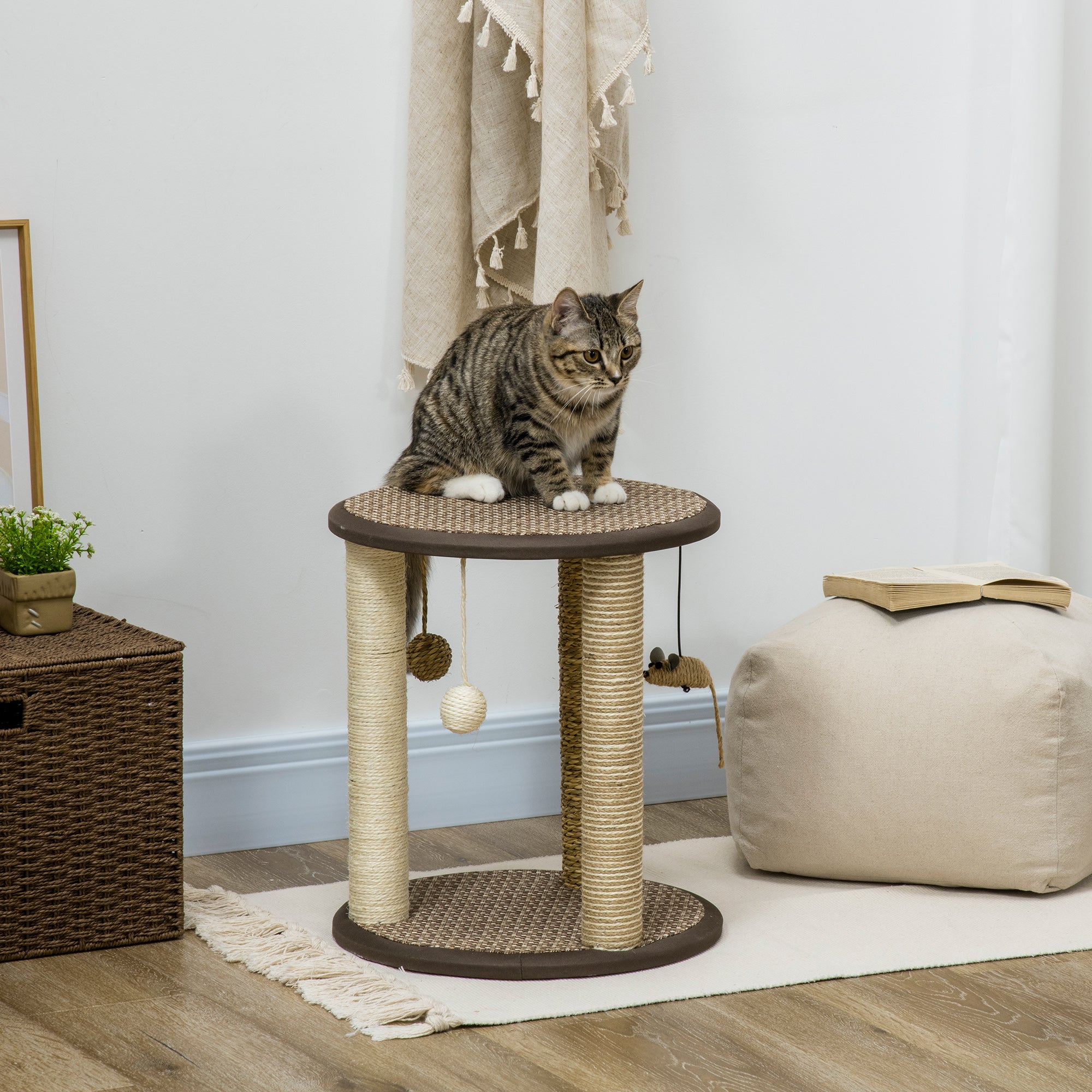 PawHut 17" Cat Tree, Kitty Activity Centre with Hanging Toys, Cat Climbing Toy, Cat Tower with Jute, Sisal, Seagrass Scratching Post, Brown