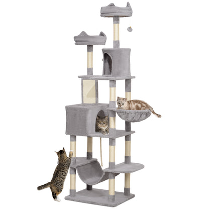 PawHut Cat Tower, 81" Cat Tree for Large Cats Adult w/ Scratching Posts, Scratching Board, Cat Condos, Cat Beds, Hammocks, Jumping Platforms, Toy Balls, Rope Cat Toy, Light Grey