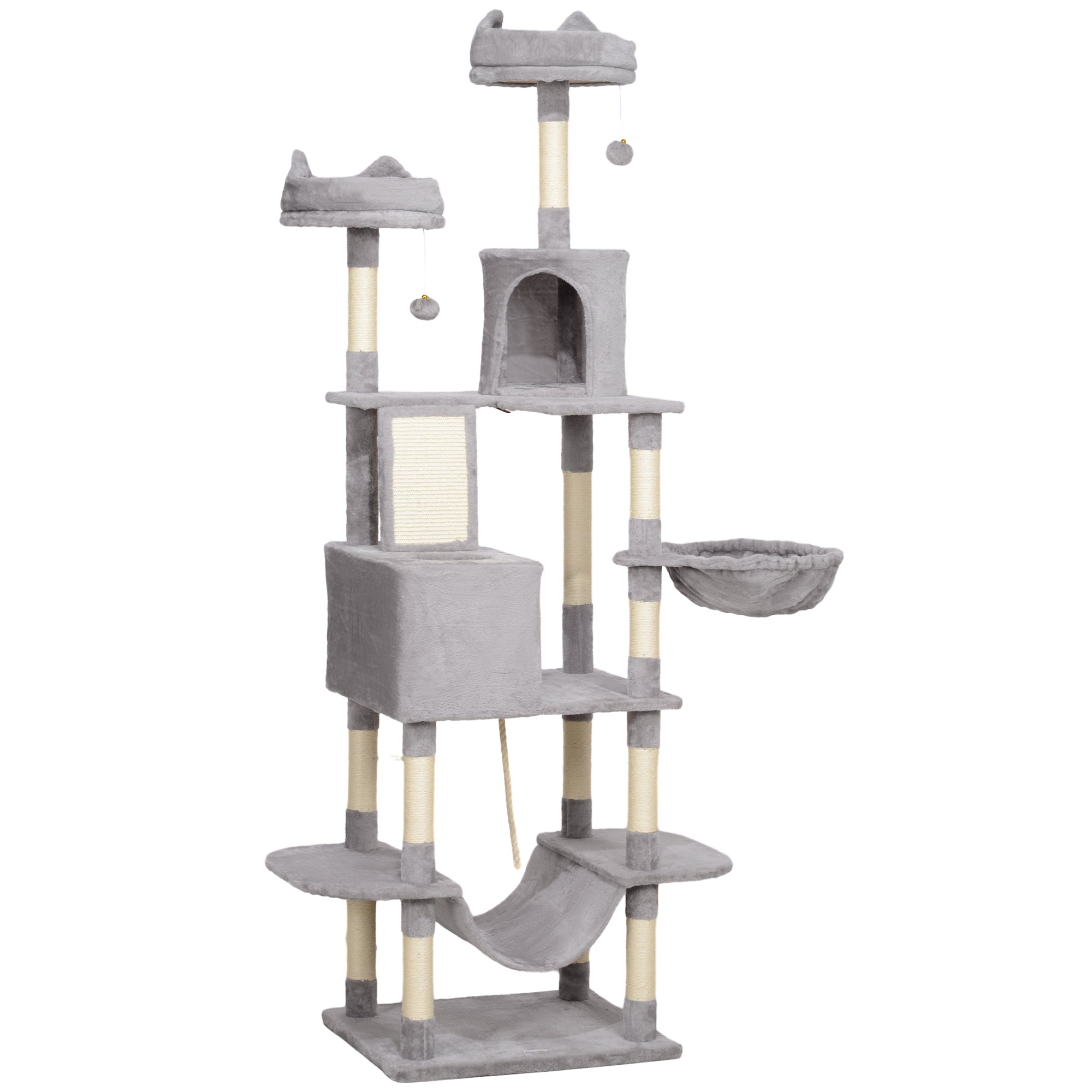PawHut Cat Tower, 81" Cat Tree for Large Cats Adult w/ Scratching Posts, Scratching Board, Cat Condos, Cat Beds, Hammocks, Jumping Platforms, Toy Balls, Rope Cat Toy, Light Grey