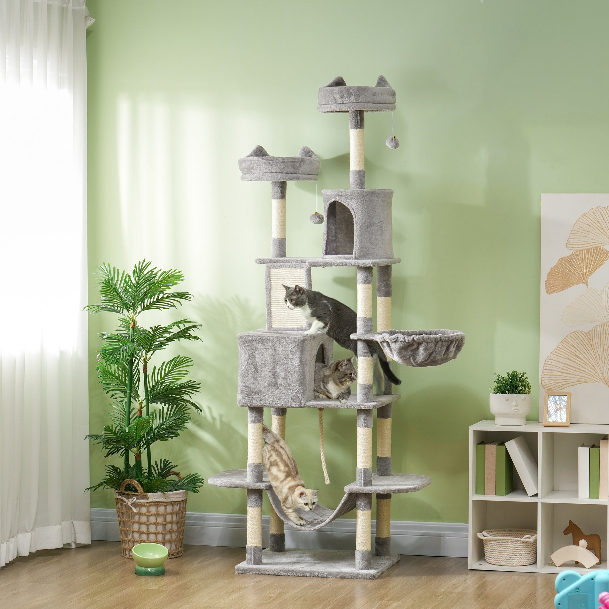 PawHut Cat Tower, 81" Cat Tree for Large Cats Adult w/ Scratching Posts, Scratching Board, Cat Condos, Cat Beds, Hammocks, Jumping Platforms, Toy Balls, Rope Cat Toy, Light Grey