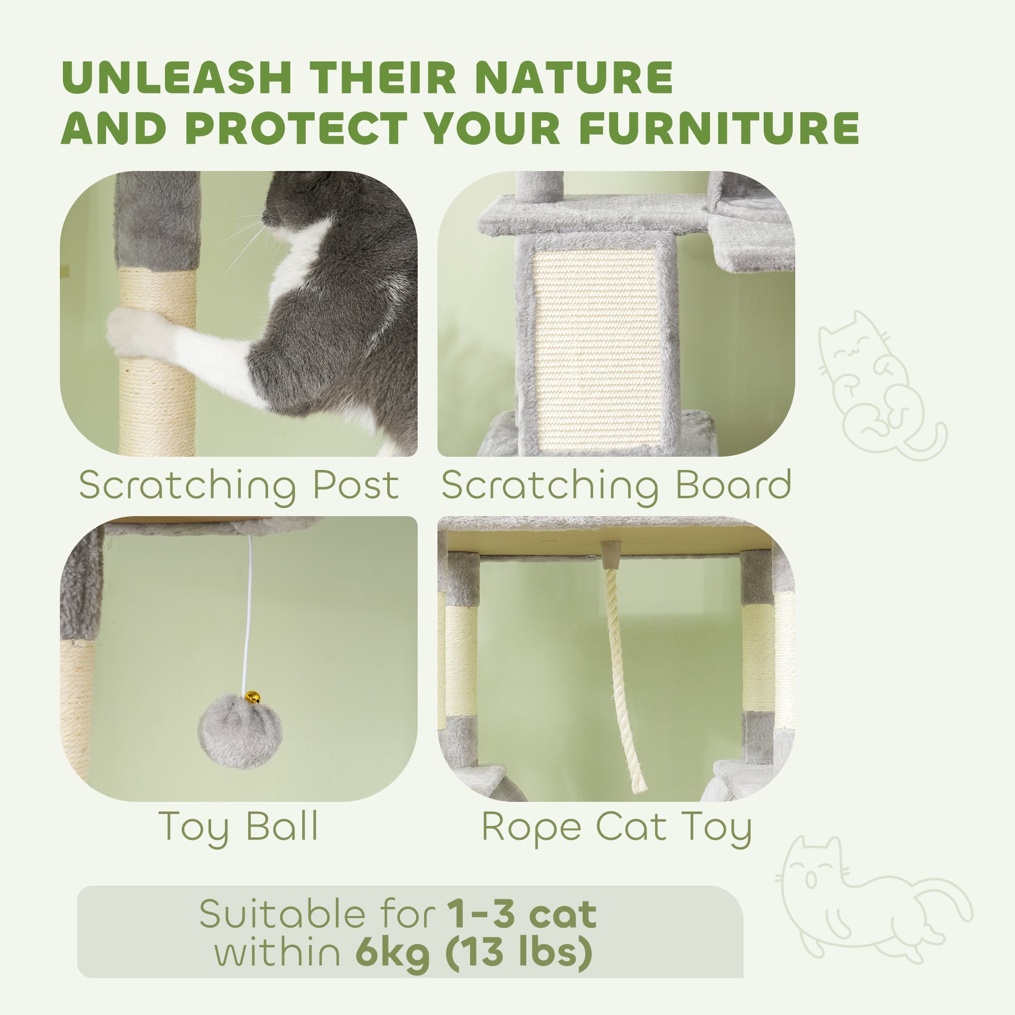 PawHut Cat Tower, 81" Cat Tree for Large Cats Adult w/ Scratching Posts, Scratching Board, Cat Condos, Cat Beds, Hammocks, Jumping Platforms, Toy Balls, Rope Cat Toy, Light Grey