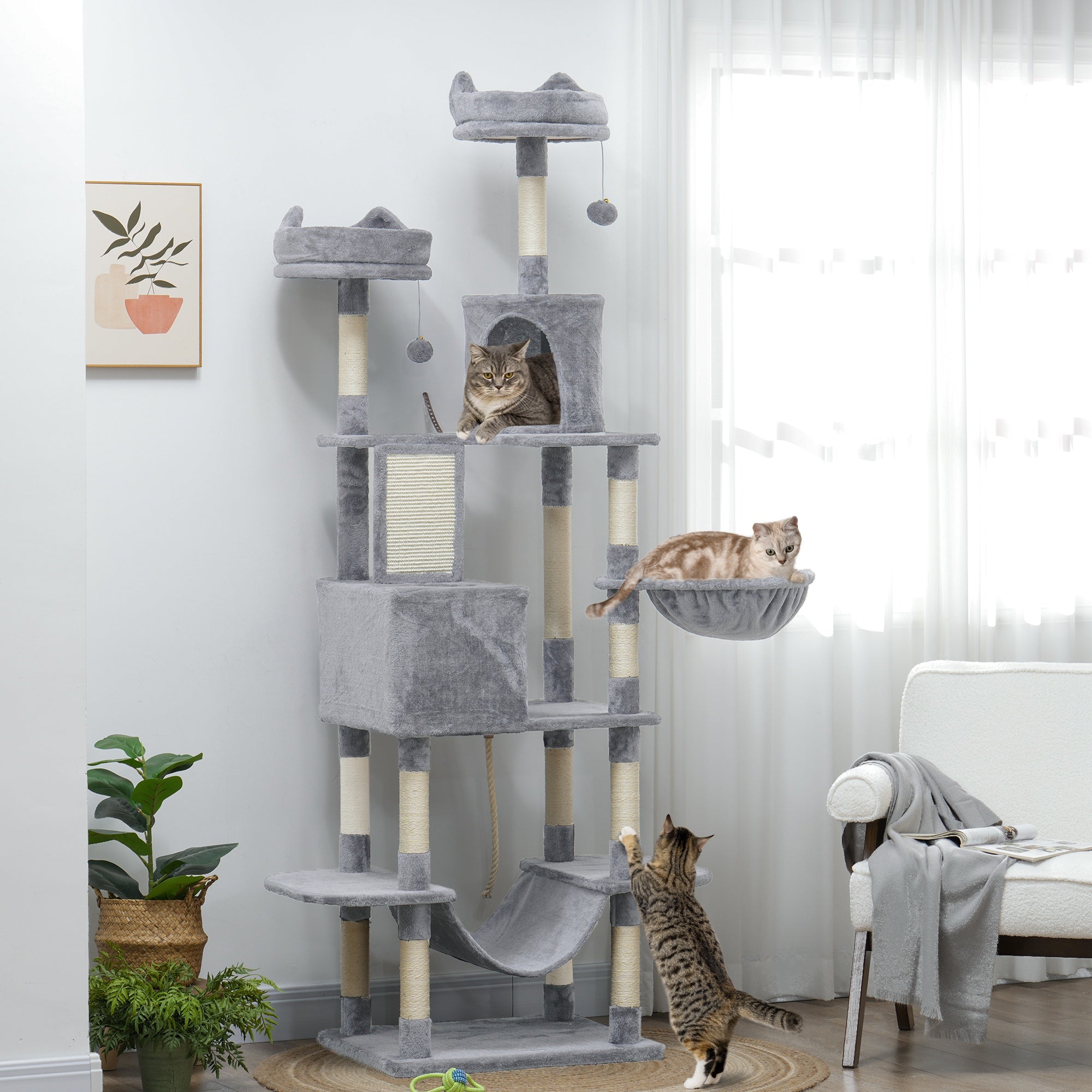 PawHut Cat Tower, 81" Cat Tree for Large Cats Adult w/ Scratching Posts, Scratching Board, Cat Condos, Cat Beds, Hammocks, Jumping Platforms, Toy Balls, Rope Cat Toy, Light Grey